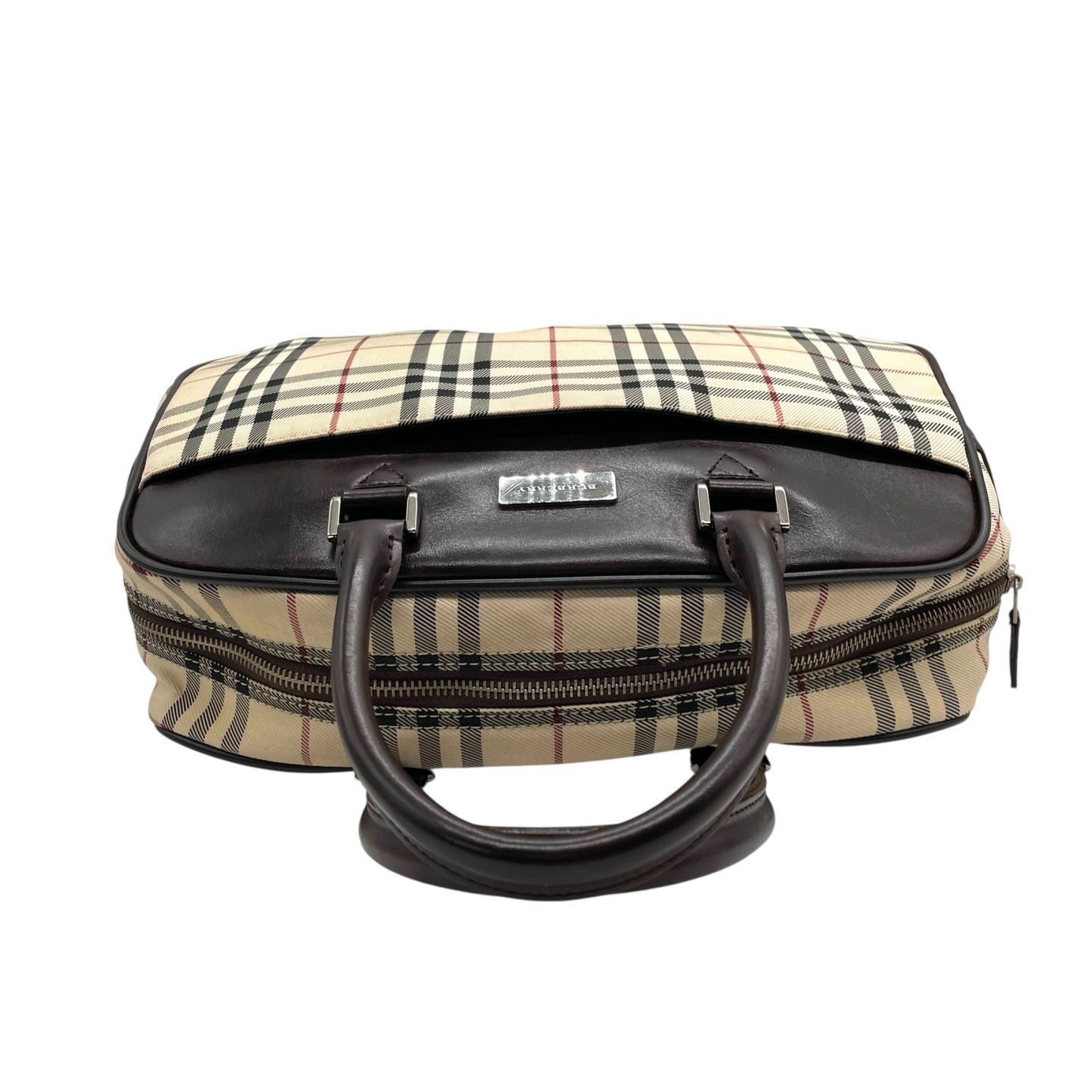 美品 バーバリー BURBERRY ハウスチェック ノバチェック ボストンバッグ レザー キャンバス 茶色 ブラウン×ベージュ ロゴプレート C7