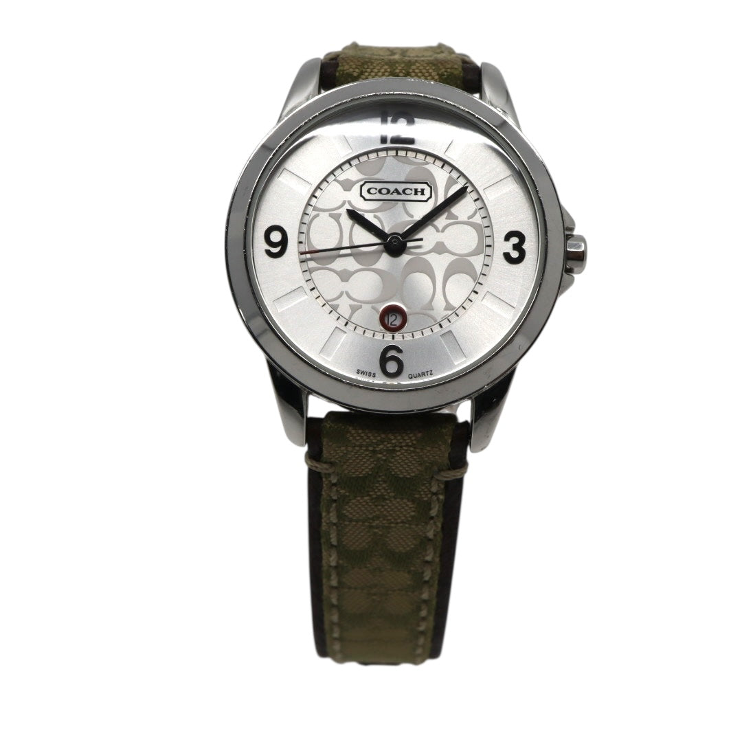 【電池交換済／クリーニング済】コーチ COACH 腕時計 8.180.158 レディースウォッチ クォーツ シルバー文字盤 シグネチャー キャンバスベルト グリーン系 デイトカレンダー アナログ クラシック カジュアル 稼働品 G3