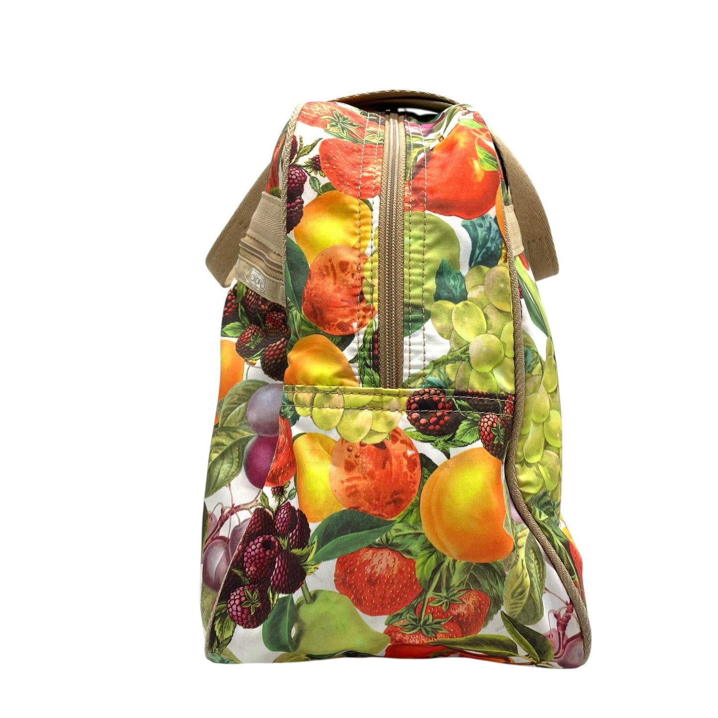 未使用級 LeSportsac レスポートサック ボストンバッグ ナイロン マルチカラー ベージュ 果物 フルーツ柄 総柄 シルバー金具 ロゴ 肩掛け可 レディース S91
