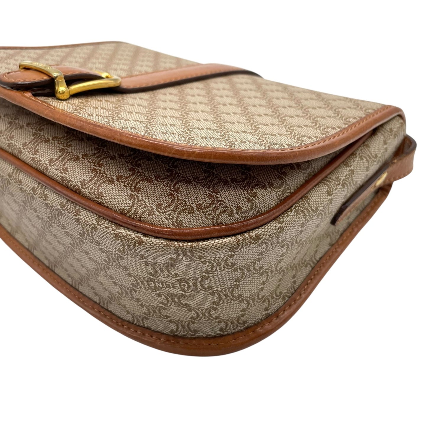 美品 CELINE オールドセリーヌ マカダム柄 トリオンフ ショルダーバッグ PVC レザー ベージュ ブラウン ゴールド金具 斜め掛け可 フラップ開閉 ヴィンテージ レディース K11