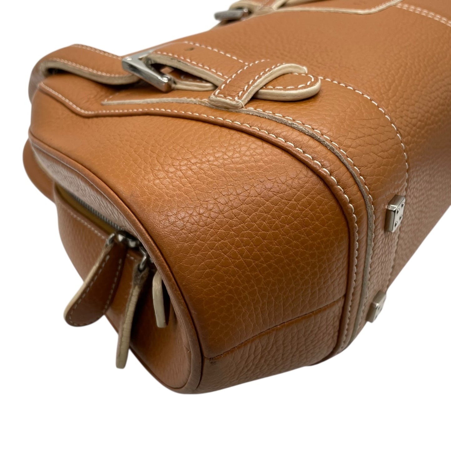 美品 ロエベ LOEWE センダ ハンドバッグ キャメルブラウン 茶 レザー シルバー金具 ファスナー開閉 ロゴ型押し レディース A