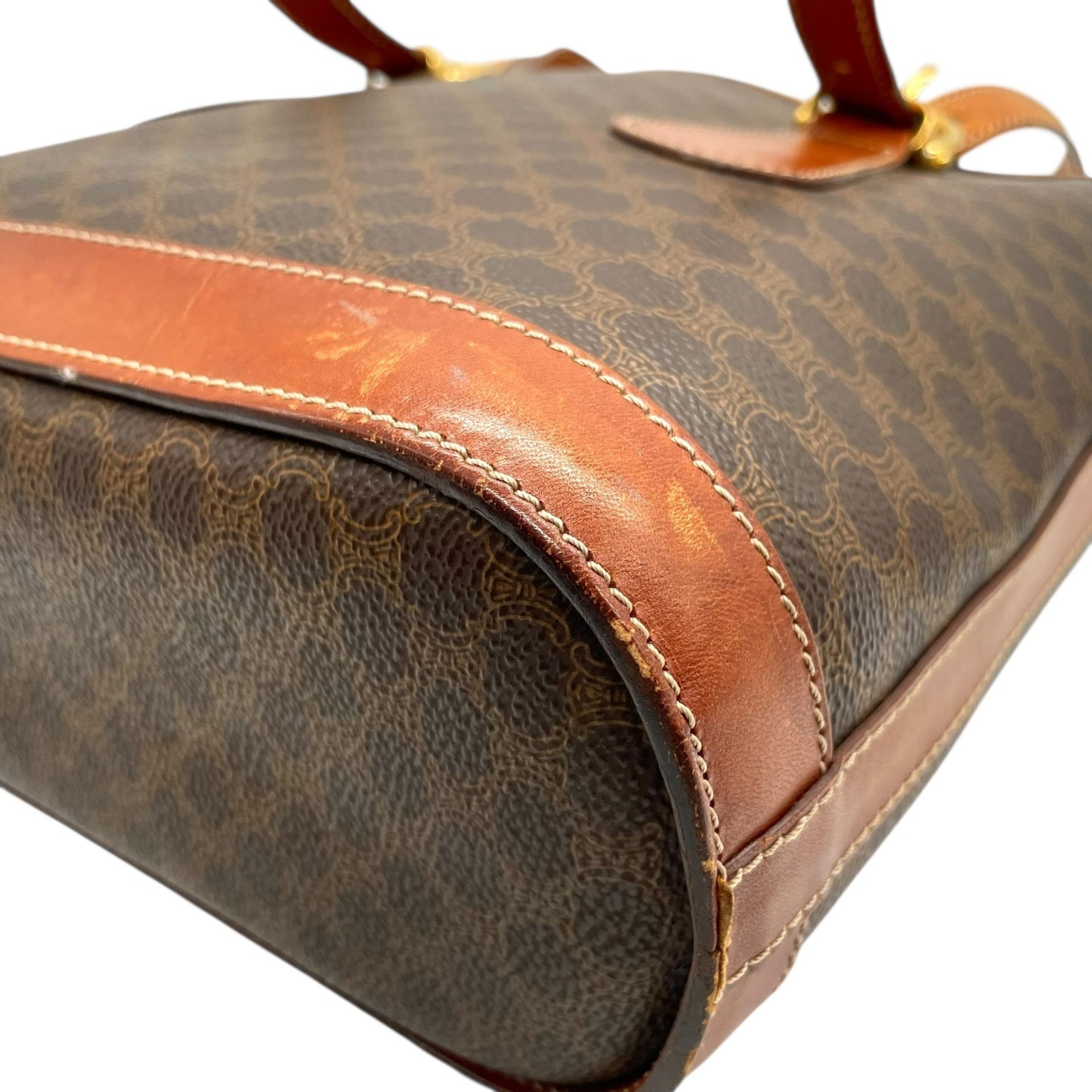 CELINE セリーヌ ヴィンテージ マカダム トートバッグ PVC レザー ブラウン トリオンフ 金具 90s イタリア製 ショルダー可 オールドセリーヌ K9