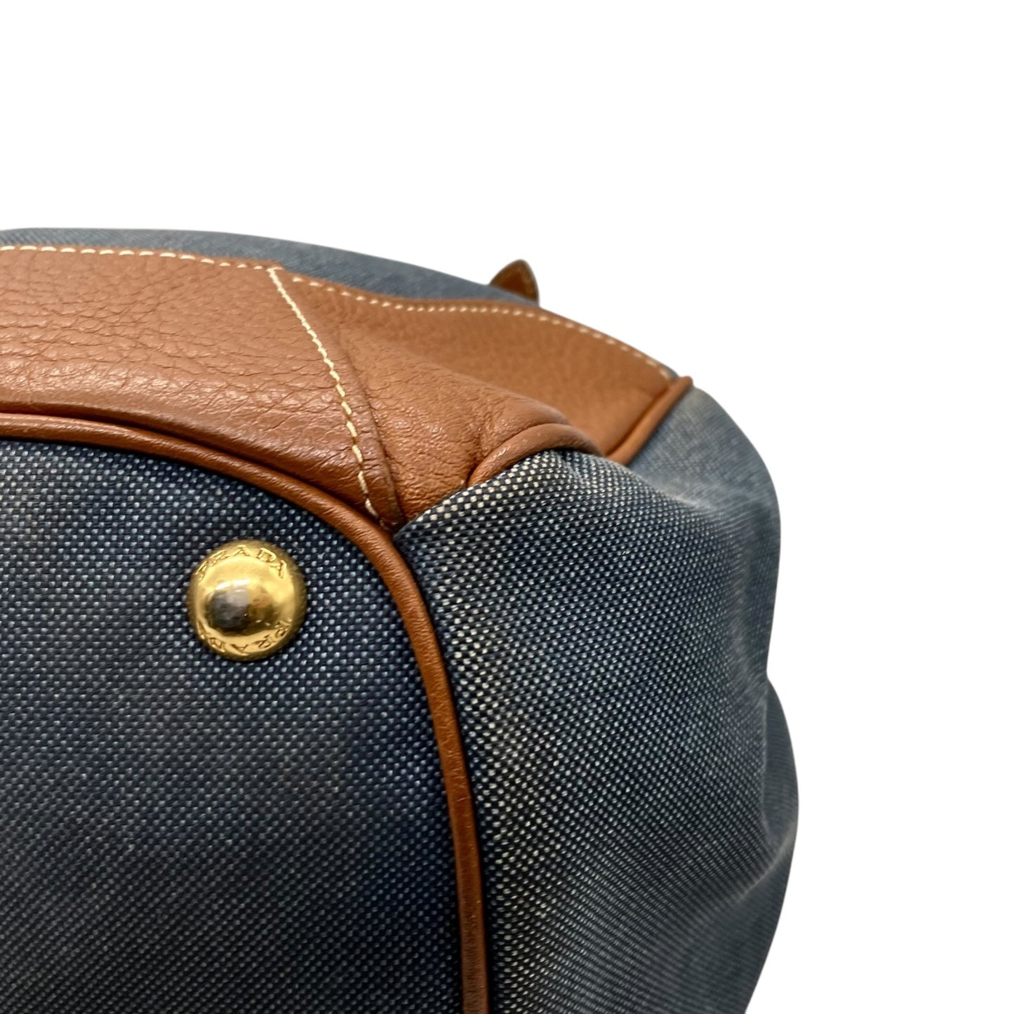 美品 PRADA プラダ ロゴ ジャガード トートバッグ ショルダー デニム レザー ブルー ブラウン ゴールド金具 D5