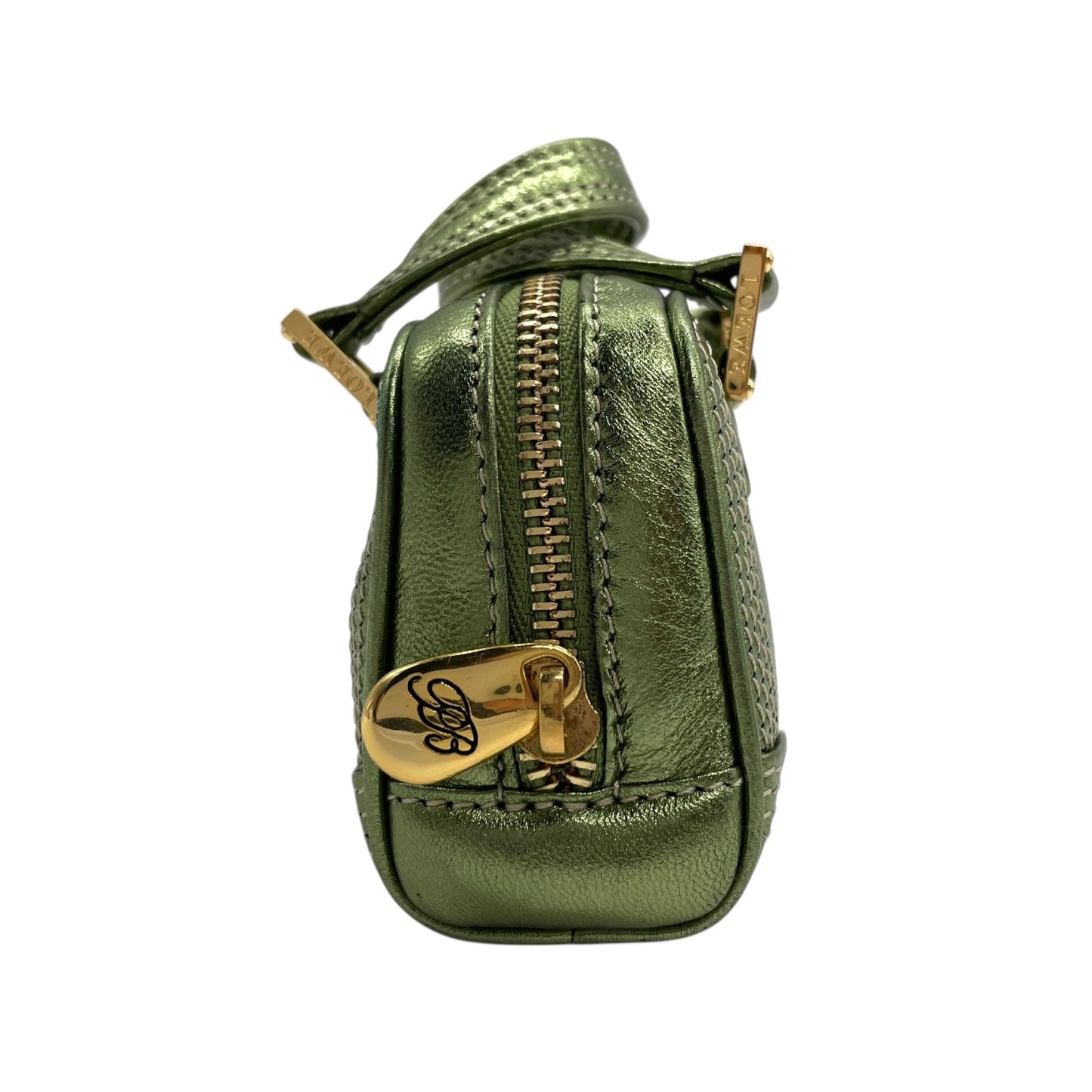 Authentic LOEWE Amazona Micro Mini Shoulder Bag Metallic Green Leather Anagram Logo Crossbody Gold Hardware Vintage Women's