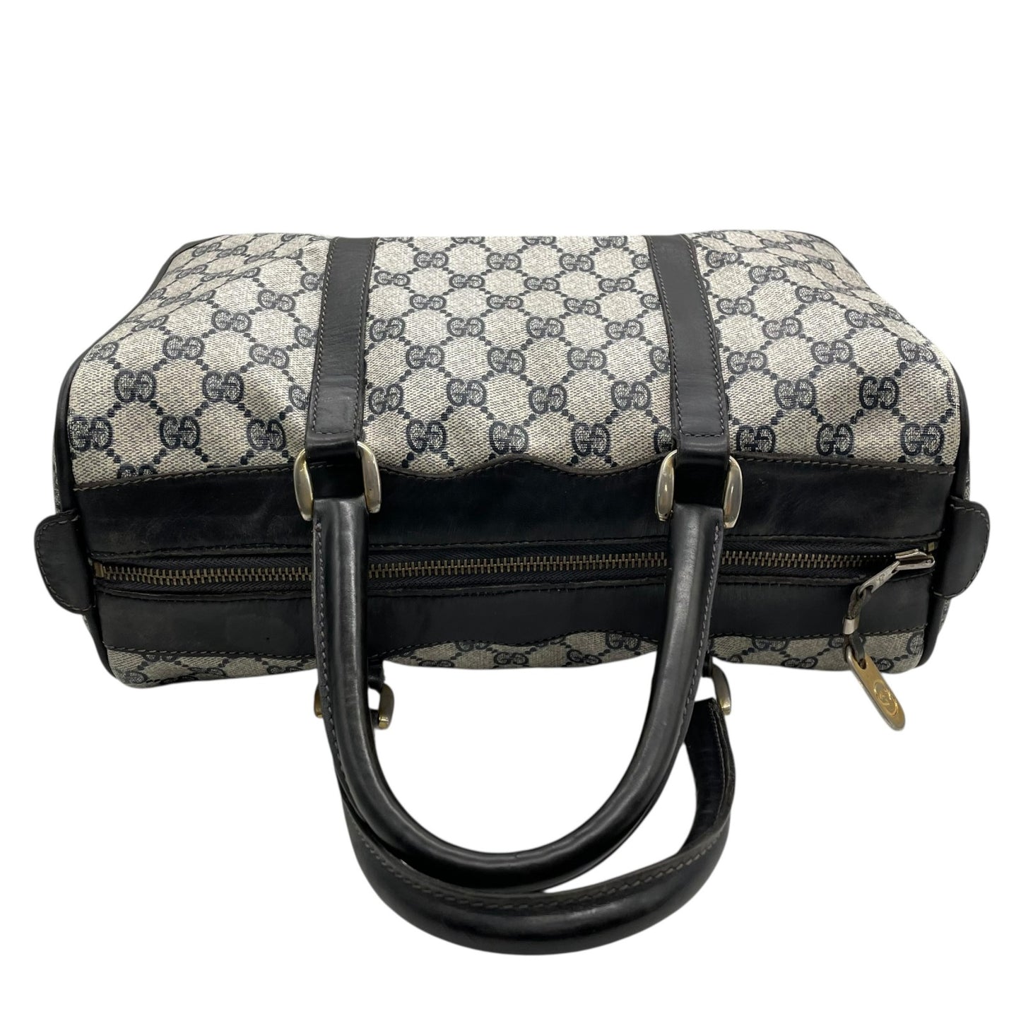 Authentic GUCCI GG Supreme Boston Bag Gray Navy PVC Leather Gold Hardware Vintage Women's Handbag GG Pattern