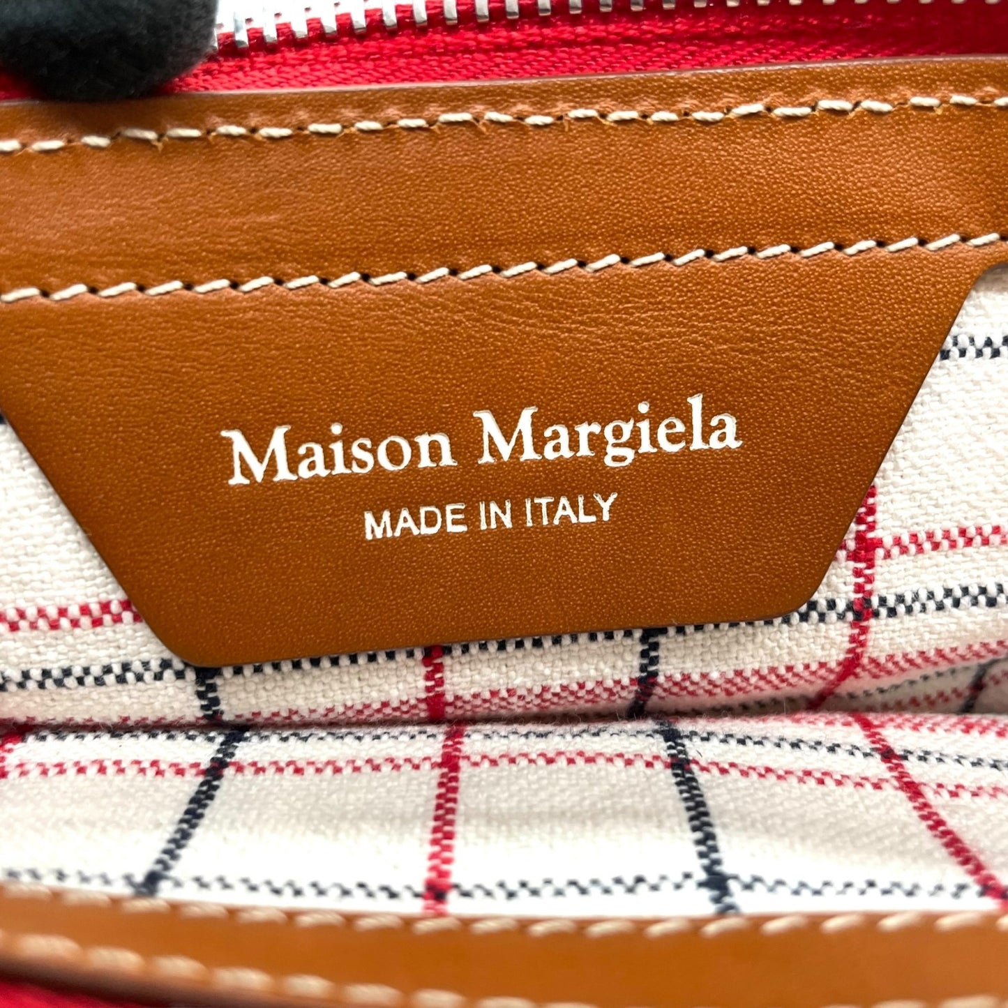 Excellent Authentic Maison Margiela 5AC 2WAY Handbag Mini Bag Red Leather Canvas Checkered SB3WG0009 Crossbody Padlock