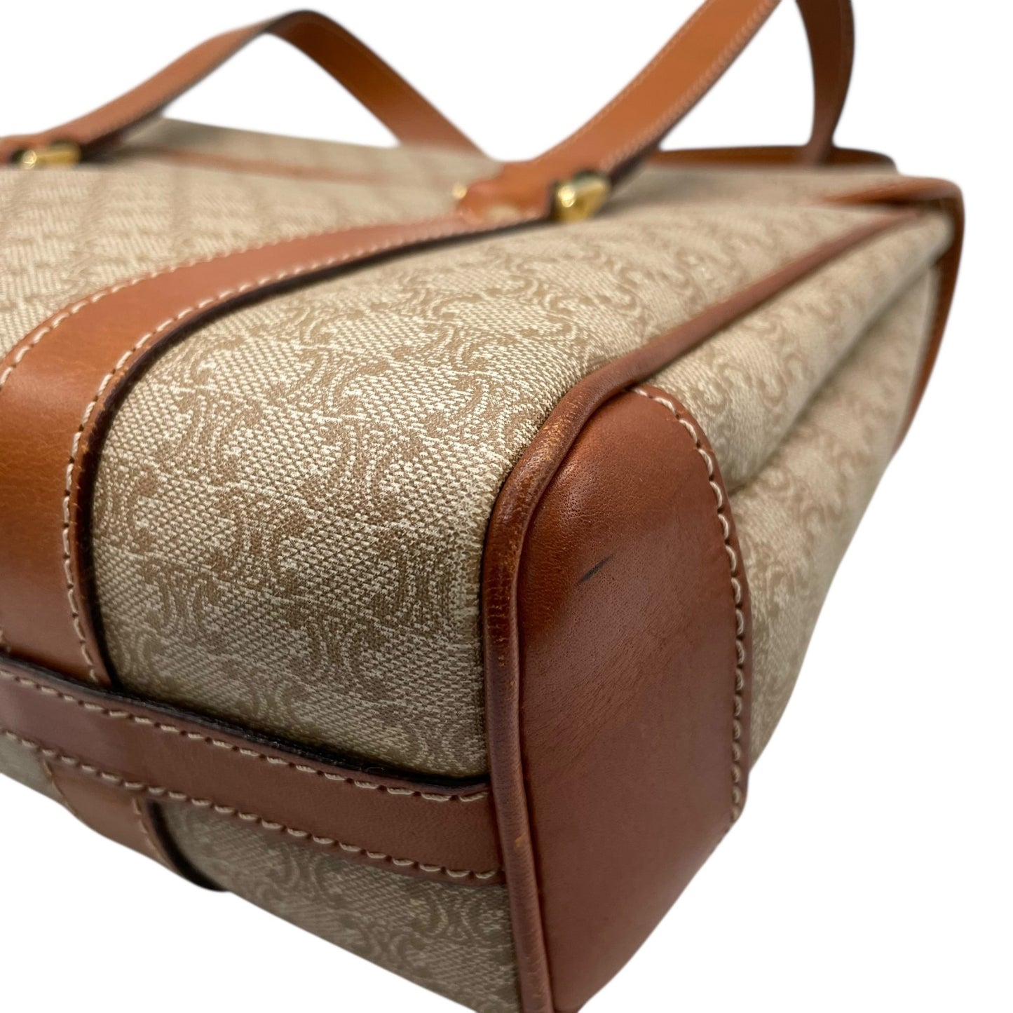 Authentic CELINE Macadam Handbag PVC Leather Vintage Beige Brown M06 Old Celine Gold Hardware Ladies