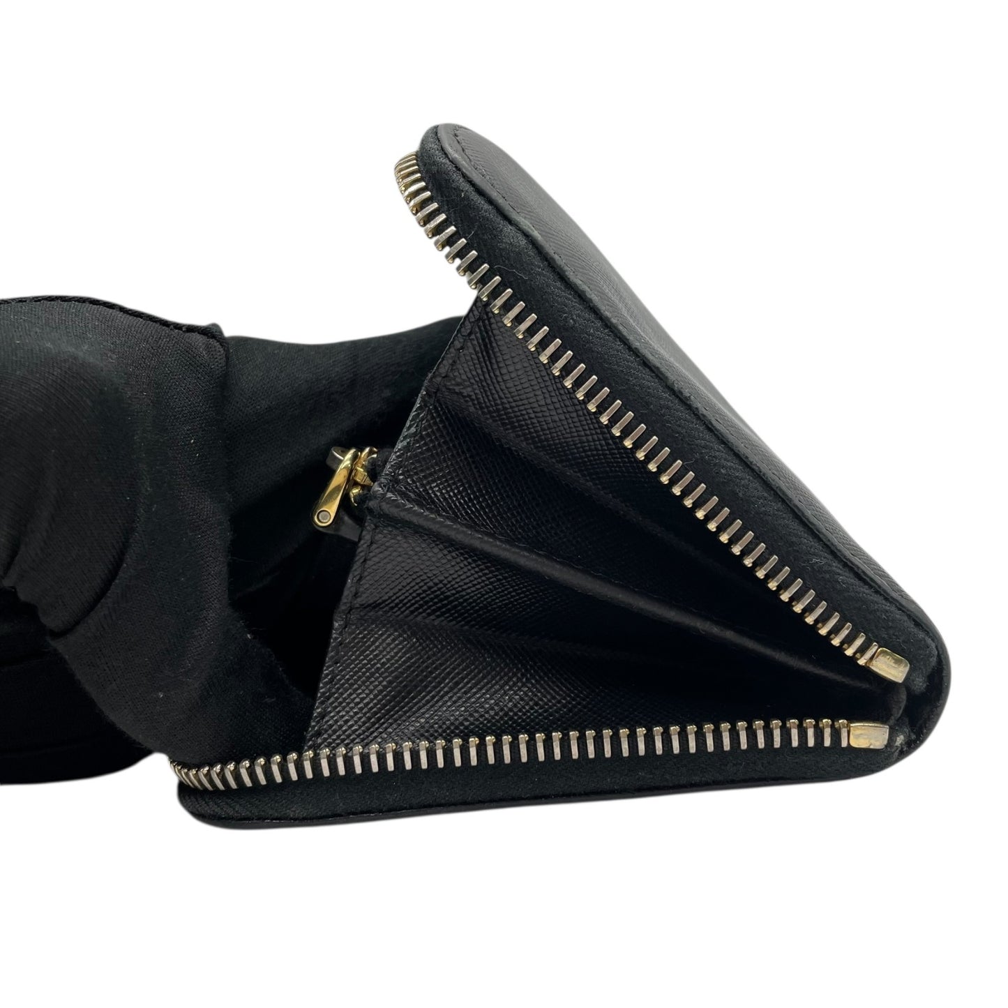 Authentic PRADA Saffiano Leather Long Wallet Black Round Zipper Logo Gold Hardware Women's