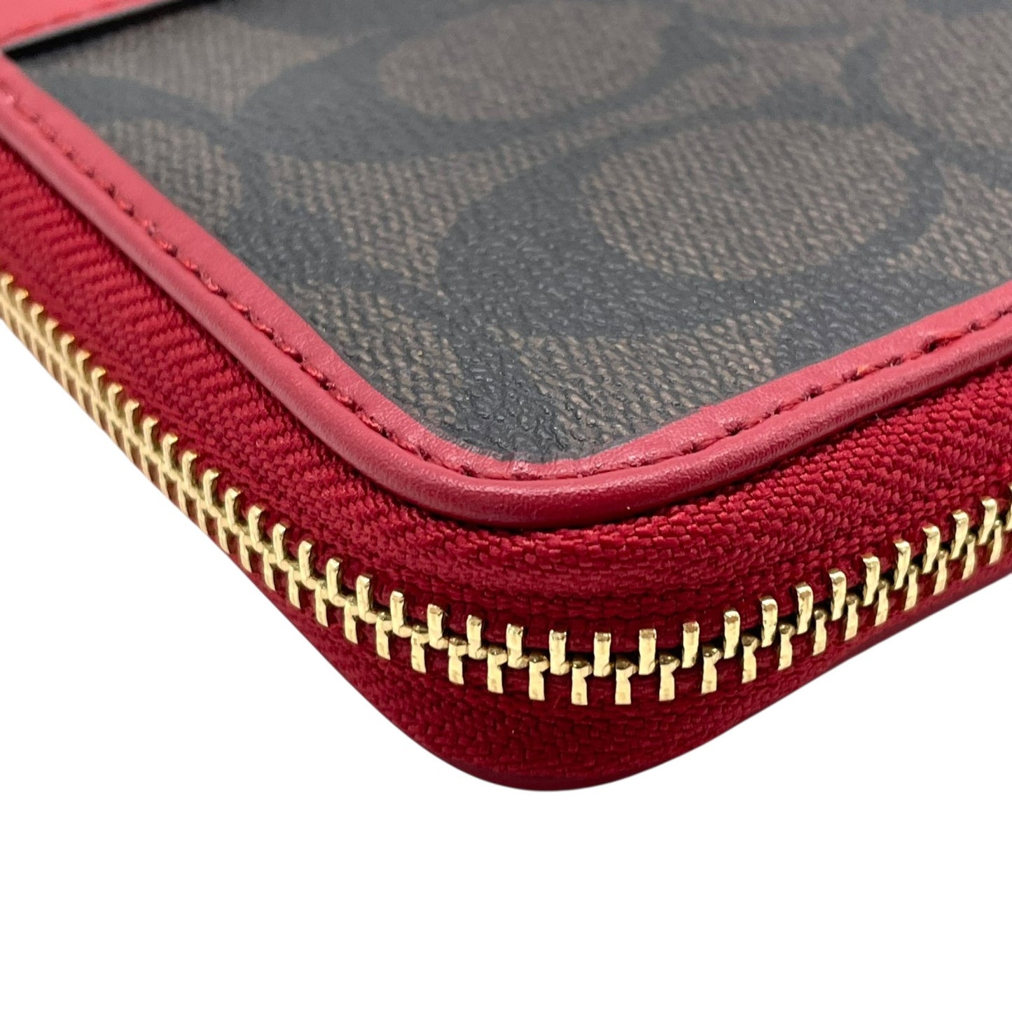 極美品 COACH コーチ シグネチャー 長財布 ラウンドファスナー 茶 ダークブラウン 赤 レッド 54630 IML72 ゴールド金具 PVC レザー ロゴ レディース W1