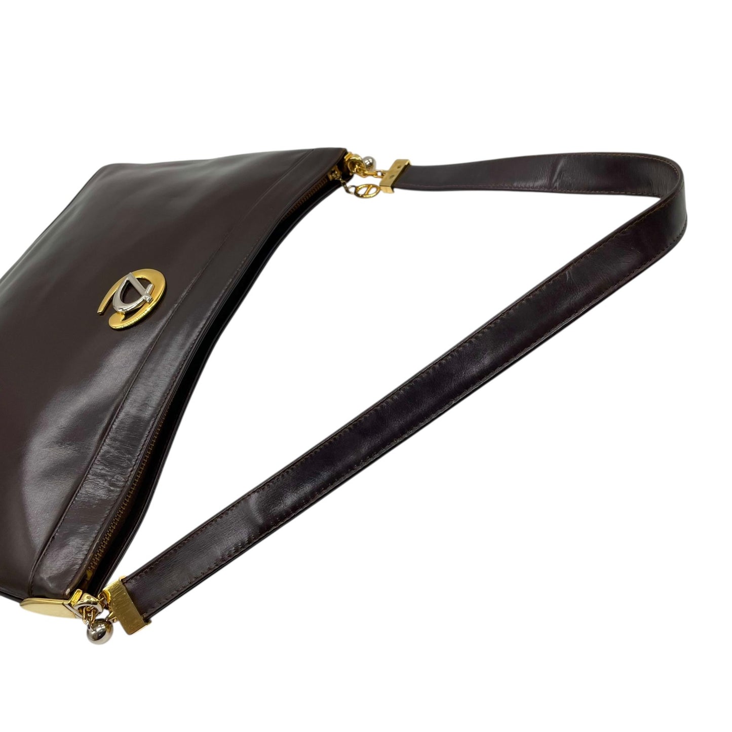 美品 Christian Dior クリスチャンディオール ショルダーバッグ ヴィンテージ ワンショルダー ハンドバッグ ダークブラウン レザー ゴールド金具 CDロゴ レディース U3