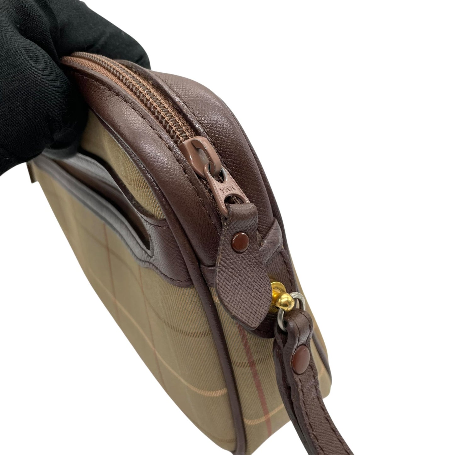 美品 Burberry バーバリー クラッチバッグ セカンドバッグ ポーチ カーキ ブラウン キャンバス レザー チェック ホースロゴ メンズ レディース ヴィンテージ S97