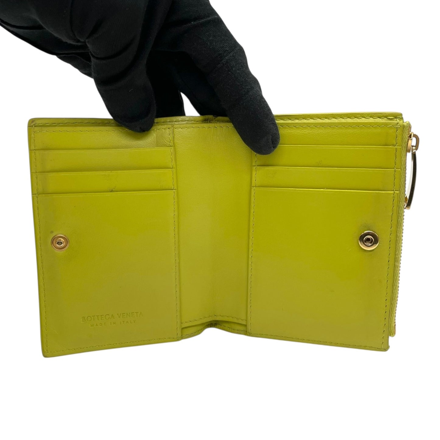 BOTTEGA VENETA ボッテガヴェネタ イントレチャート 二つ折り財布 コンパクトウォレット 緑 キウイグリーン レザー ゴールド金具 レディース M4