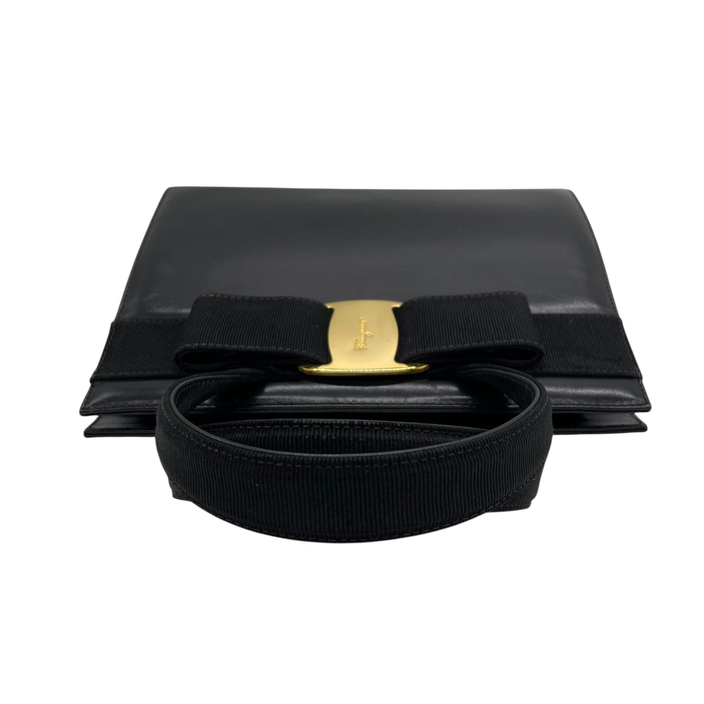 Authentic Salvatore Ferragamo Vara Ribbon Handbag Black Leather Gold Hardware