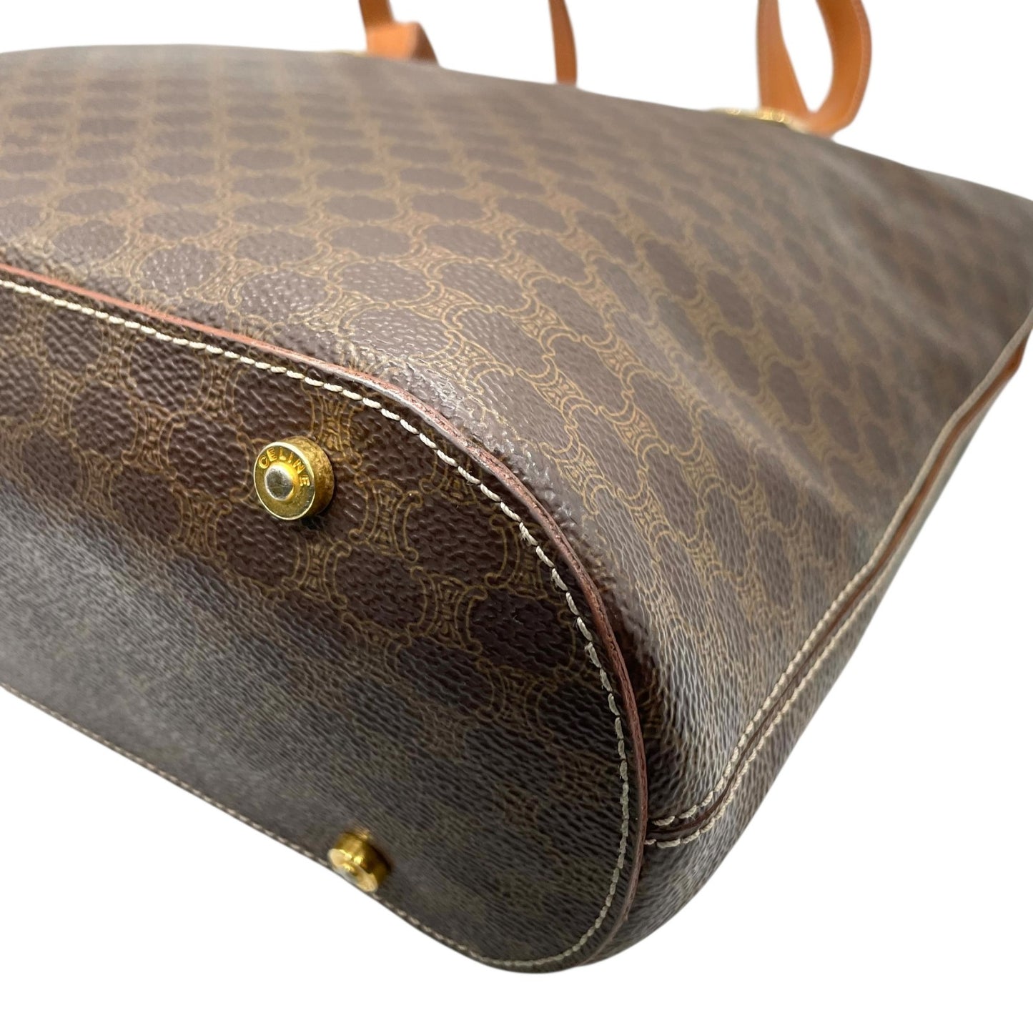 CELINE セリーヌ マカダム トートバッグ 茶 ブラウン PVC レザー ゴールド金具 ワンショルダー 肩掛け可 A4収納 レディース ヴィンテージ D1