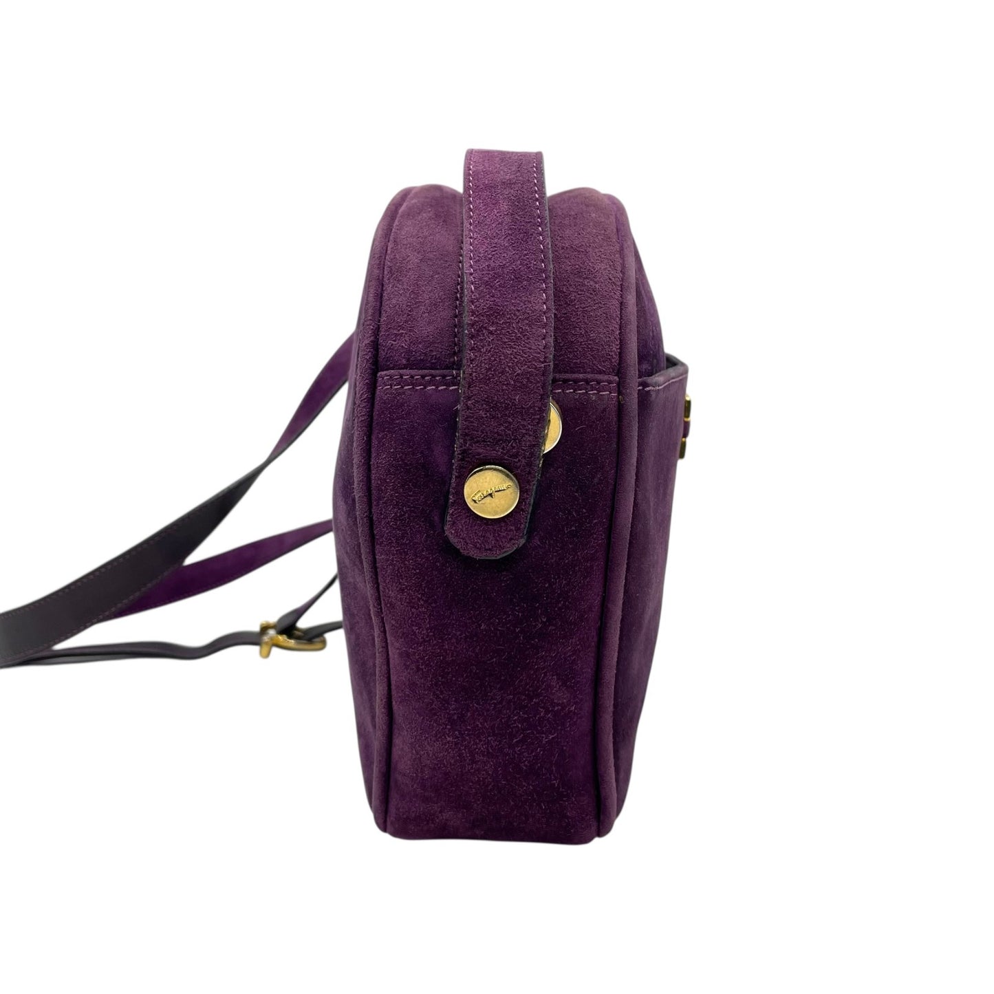 美品 Salvatore Ferragamo フェラガモ ガンチーニ ダブルガンチーニ ショルダーバッグ 紫 パープル スエード ゴールド金具 斜め掛け可 ポシェット ヴィンテージ レディース D7