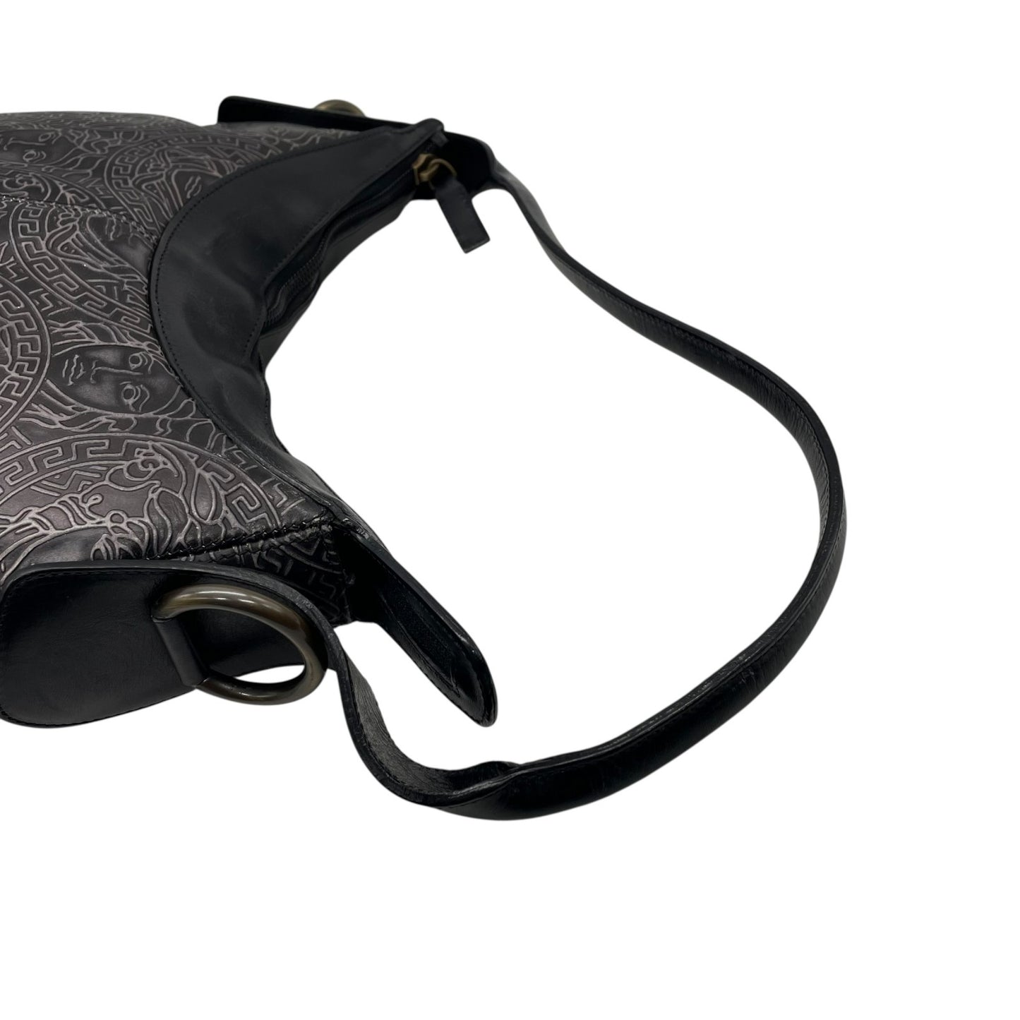 希少 VERSACE ヴェルサーチ メデューサ ワンショルダー ハンドバッグ 黒 ブラック ダークグレー レザー ゴールド金具 総柄 ホーボー 肩掛け可 レディース C4