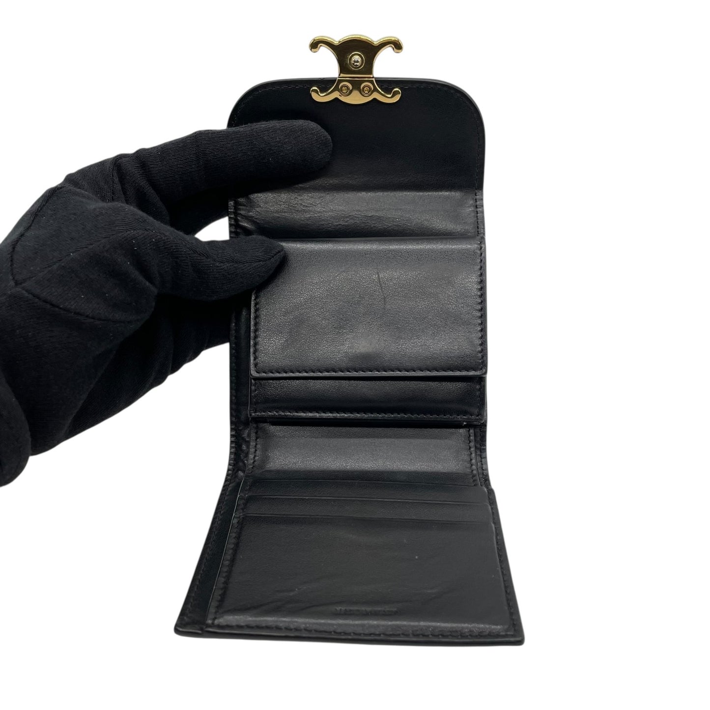 Authentic CELINE Triomphe Compact Wallet Black Leather Gold Hardware with Box