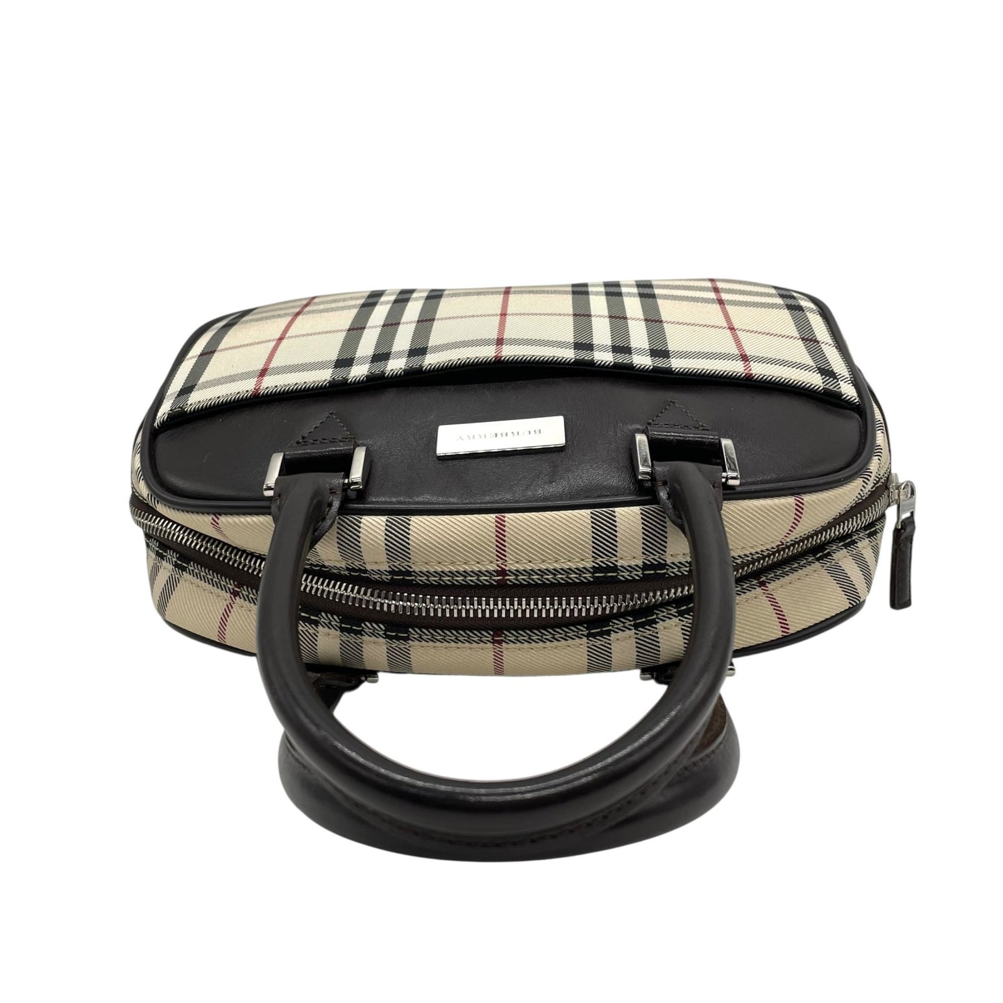 美品 BURBERRY バーバリー ノバチェック柄 ハンドバッグ ミニボストンバッグ ベージュ キャンバス×ブラウンレザー メンズ レディース ボーイズ ガールズ 旅行 ビジネス K10