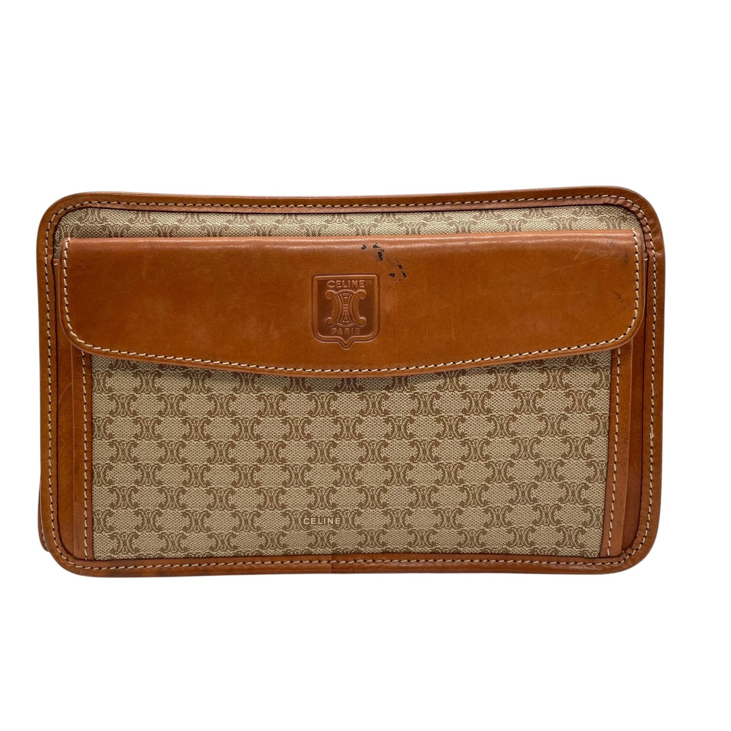 セリーヌ CELINE マカダム柄 クラッチバッグ セカンドバッグ ベージュ ブラウン 茶色 トリオンフロゴ PVC×レザー ヴィンテージ バッグ U9