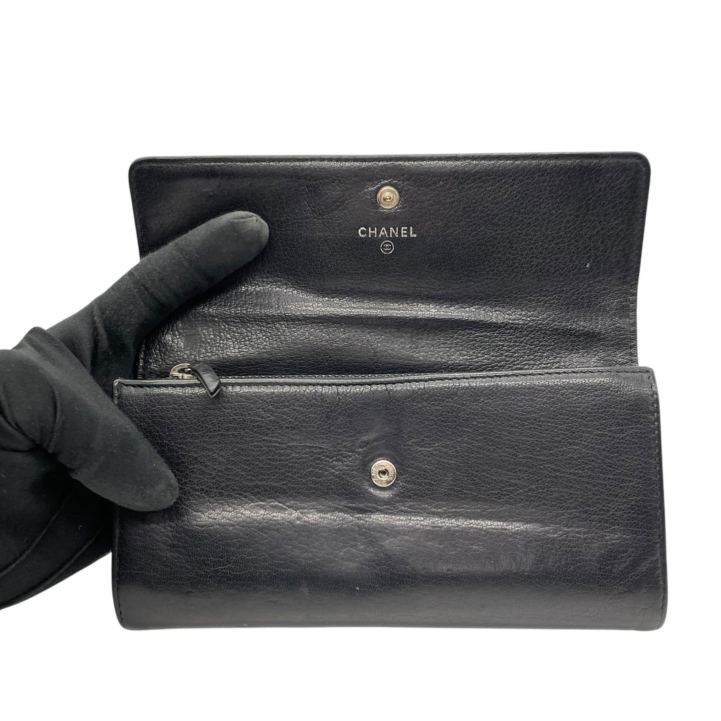 CHANEL シャネル ココマーク ラッキーフラワー クローバー 二つ折り 長財布 レザー 黒 ブラック フラワープリント レディース ヴィンテージ W5