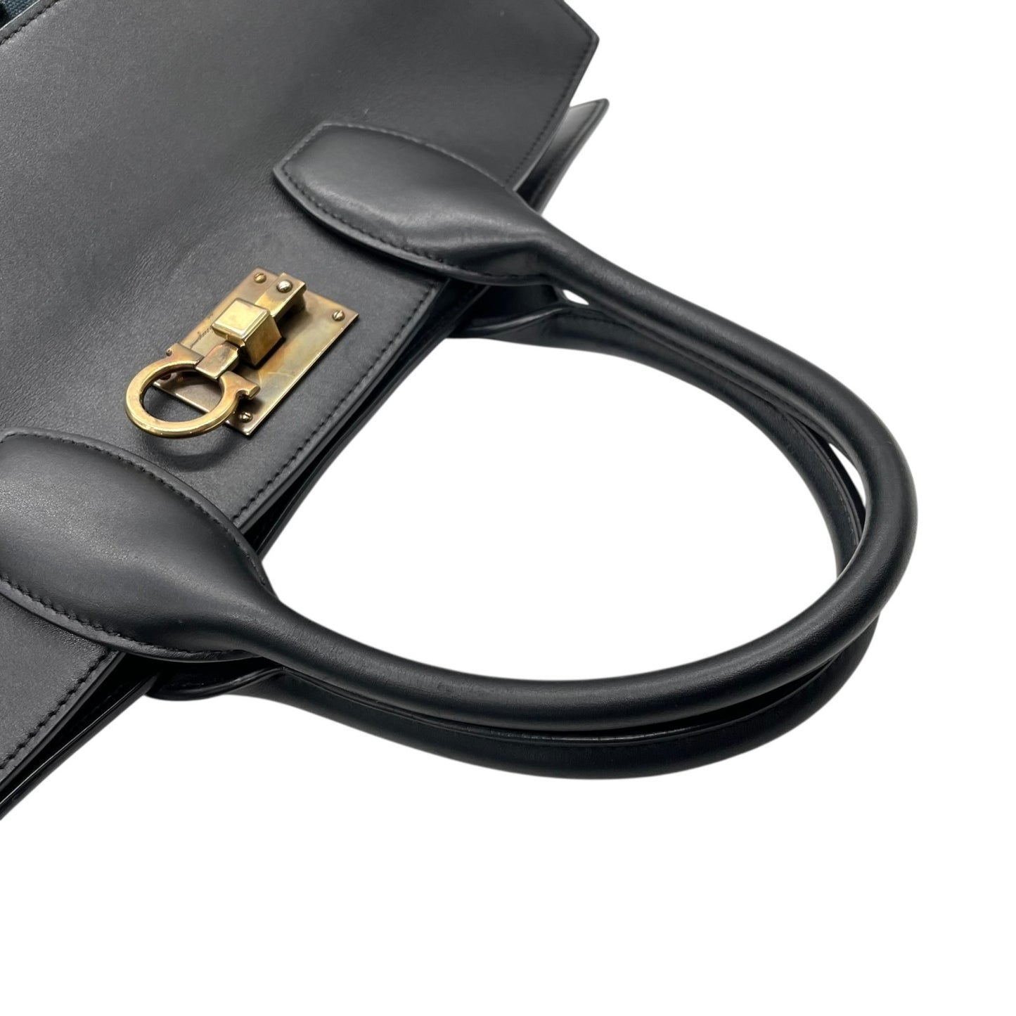 美品 Salvatore Ferragamo サルヴァトーレ フェラガモ ガンチーニ チェーン柄 ハンドバッグ 紺 ネイビー 黒 ブラック キャンバス レザー ゴールド金具 レディース B