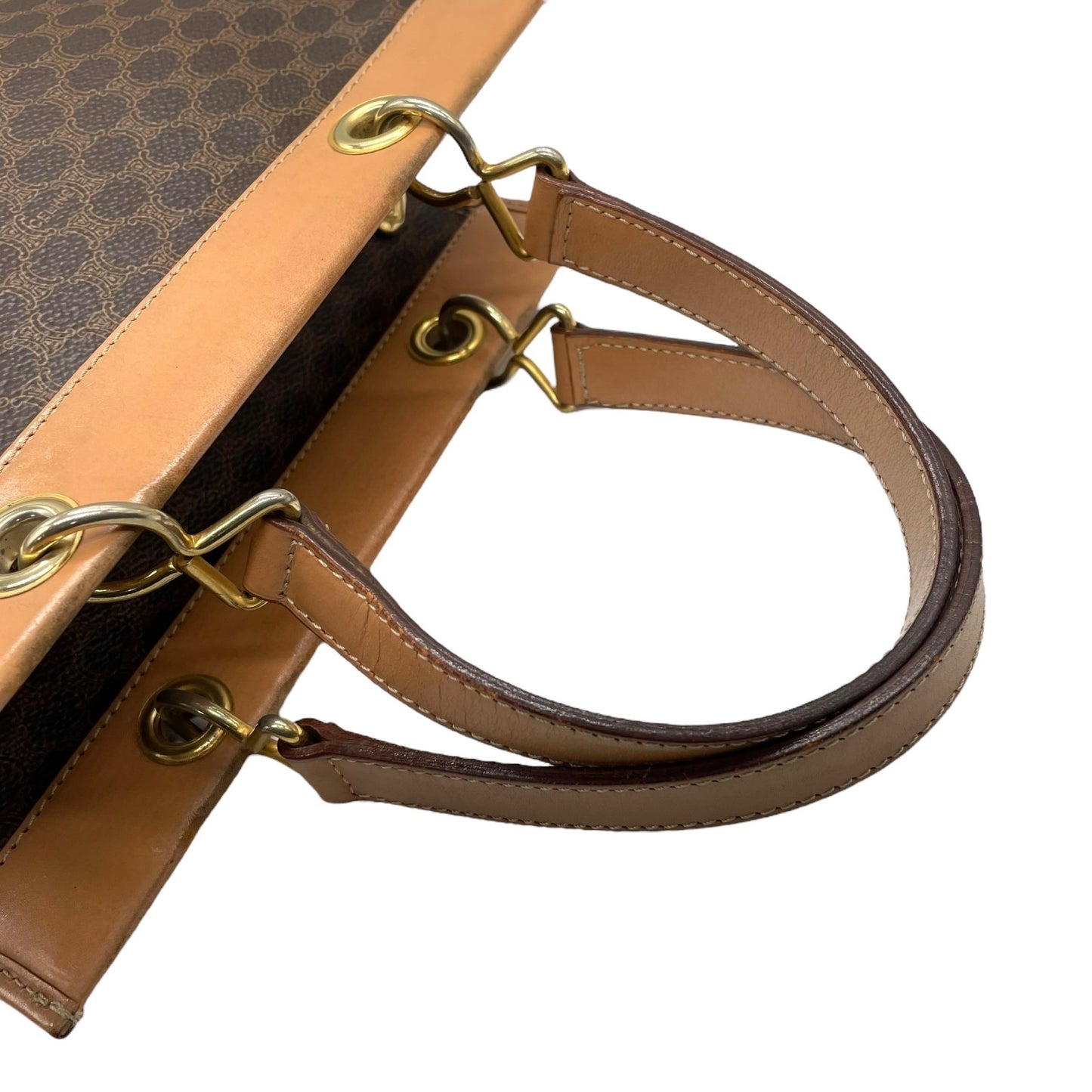 CELINE セリーヌ マカダム柄 ハンドバッグ ミニトート 茶 ブラウン PVC レザー ゴールド金具 手提げ ヴィンテージ オールドセリーヌ レディース E