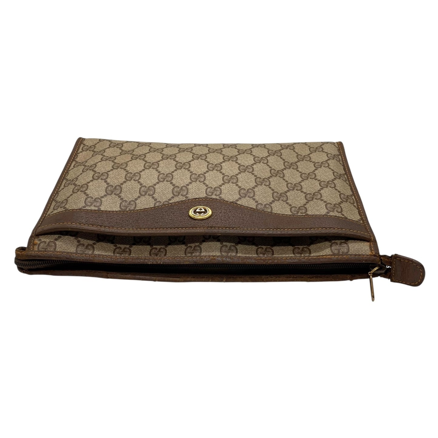 GUCCI グッチ GGスプリーム クラッチバッグ セカンドバッグ 茶 ブラウン グレー PVC レザー ゴールド金具 オールドグッチ ヴィンテージ メンズ レディース C4