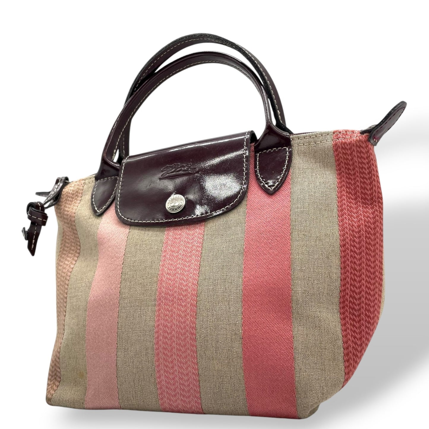 美品 ロンシャン LONGCHAMP ルプリアージュ ハンドバッグ トートバッグ マルチカラー ストライプ ベージュ ピンク キャンバス×レザー U2