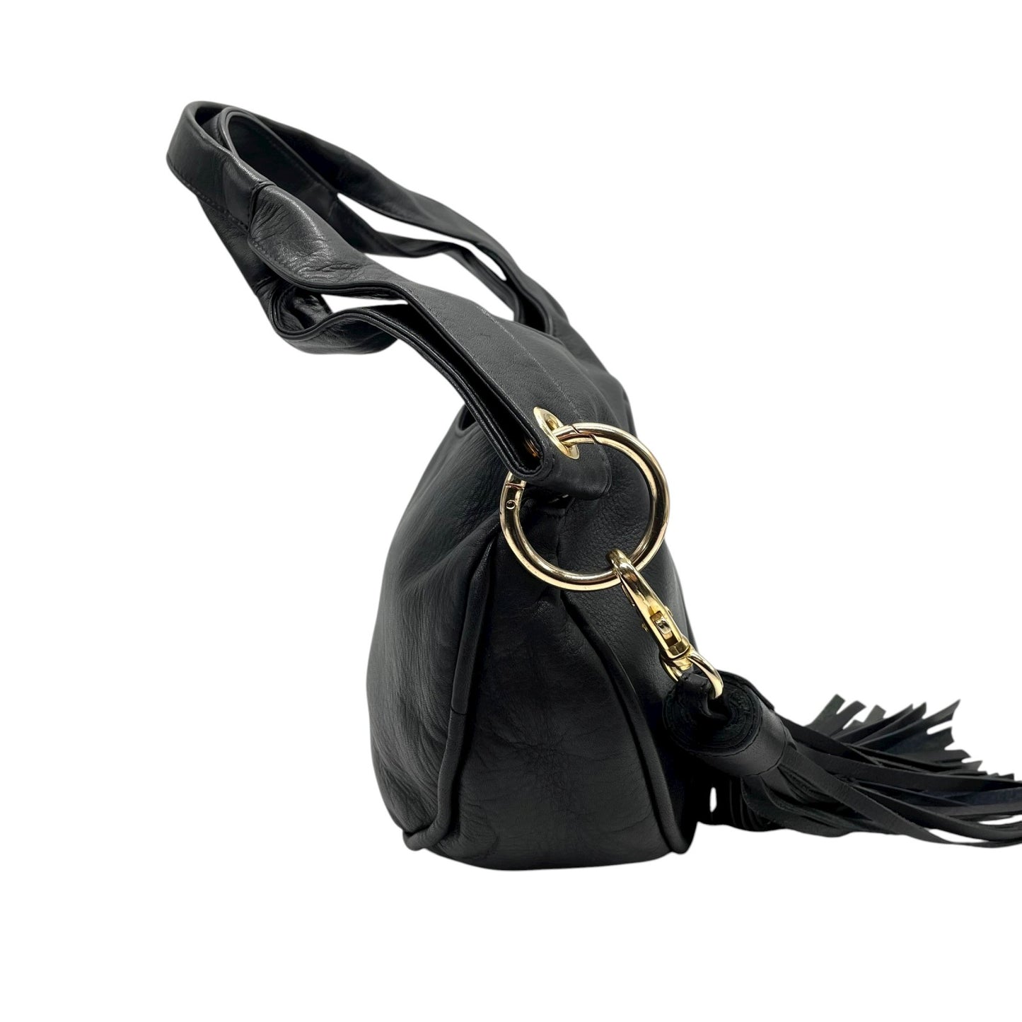 未使用級 ヴィヴィアンウエストウッド Vivienne Westwood オーブ ロゴ ハンドバッグ ワンショルダー ホーボーバッグ タッセル付き フリンジ 黒 ブラック レザー ゴールド金具 C8