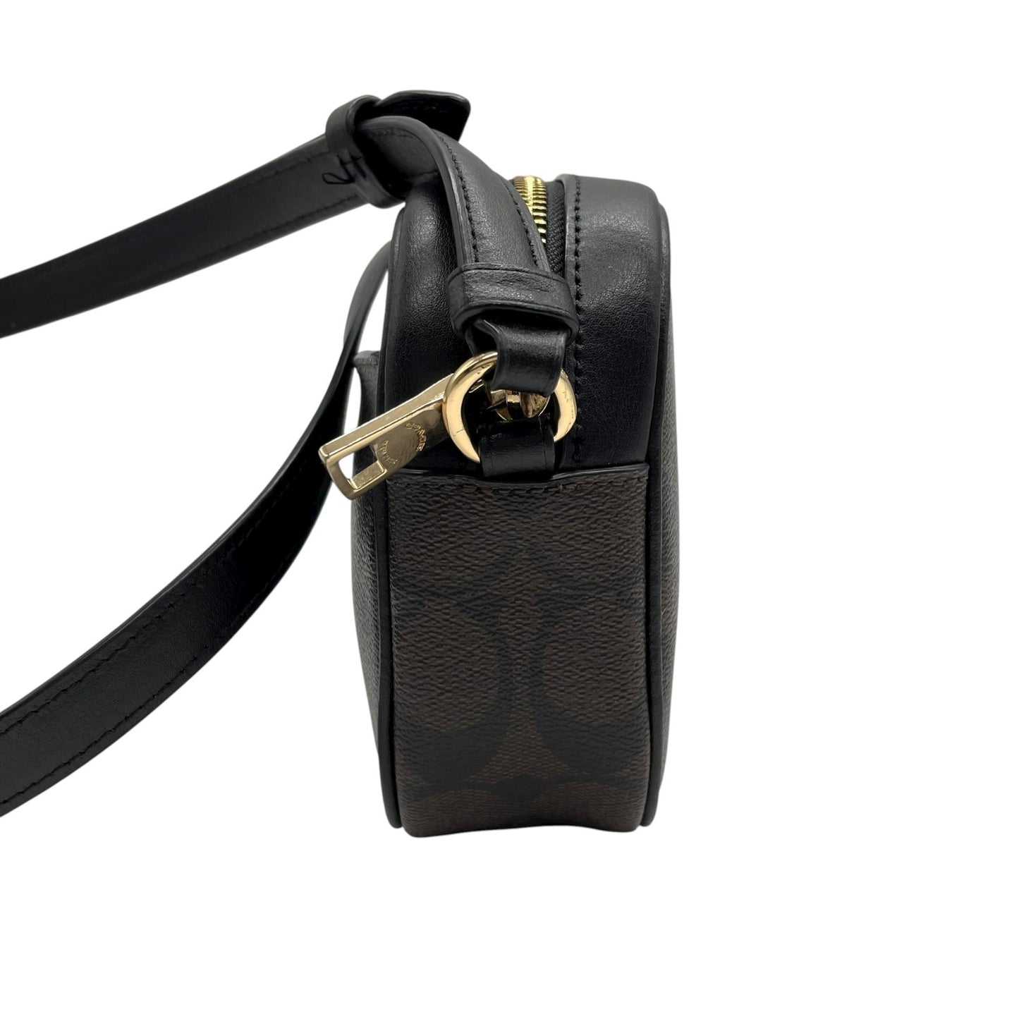 美品 コーチ COACH シグネチャー PVC レザー クロスボディ カメラバッグ ショルダーバッグ C9926 茶色 ブラウン 黒 ブラック ゴールド金具 金金具 ミニバッグ 1