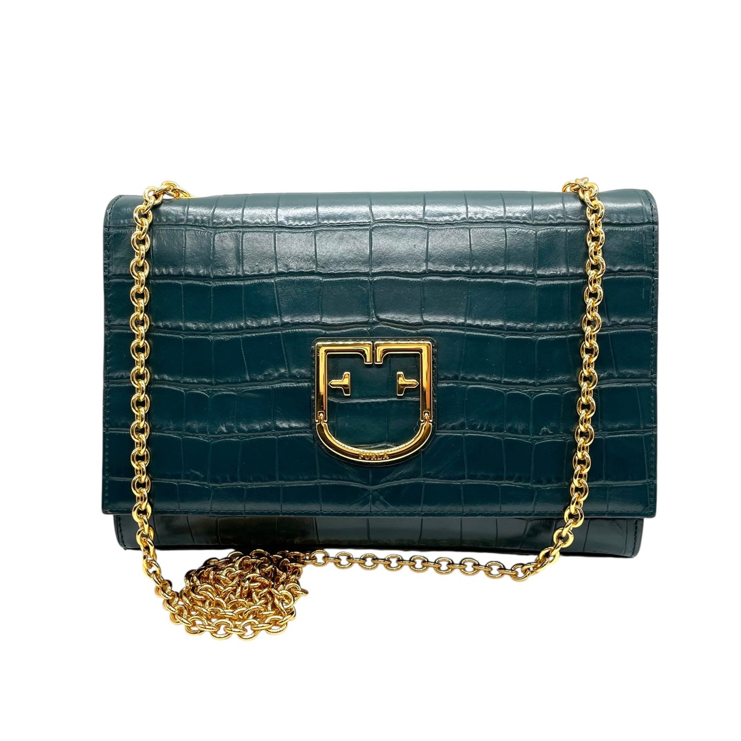 フルラ FURLA チェーンショルダーバッグ 型押し ダークグリーン 深緑 金金具 ゴールド金具 上品 高級感 A3
