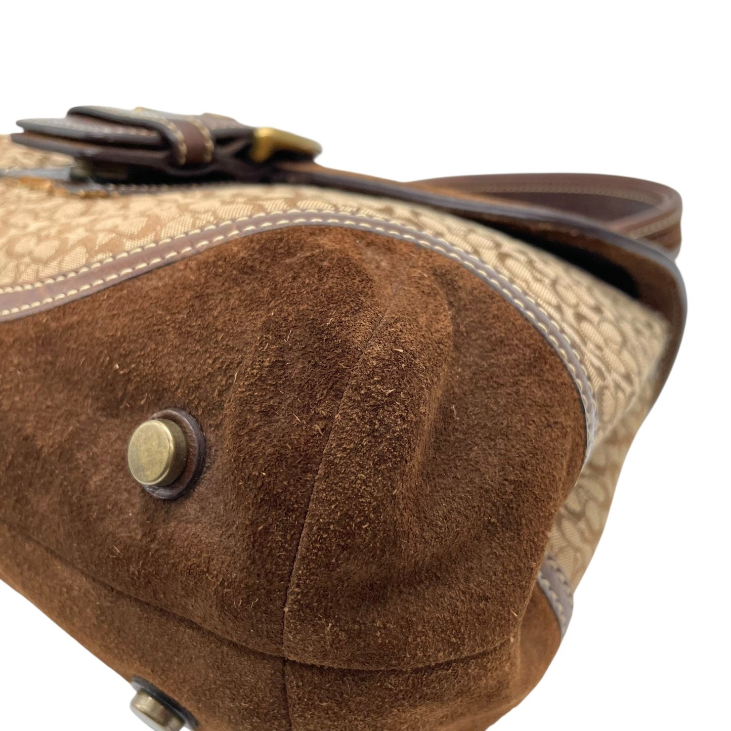 コーチ COACH シグネチャー スエード レザー ハンドバッグ 7078 茶色 ブラウン ゴールド金具 金金具 チャーム付き E10