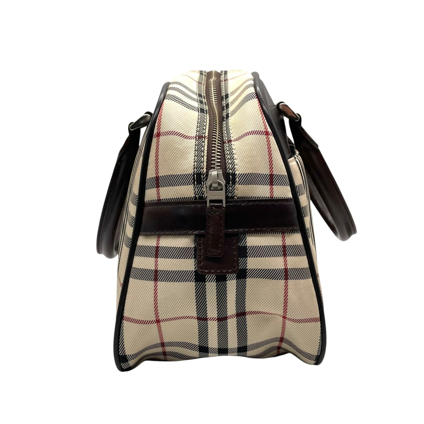 美品 バーバリー BURBERRY ハウスチェック ノバチェック ボストンバッグ レザー キャンバス 茶色 ブラウン×ベージュ ロゴプレート C7