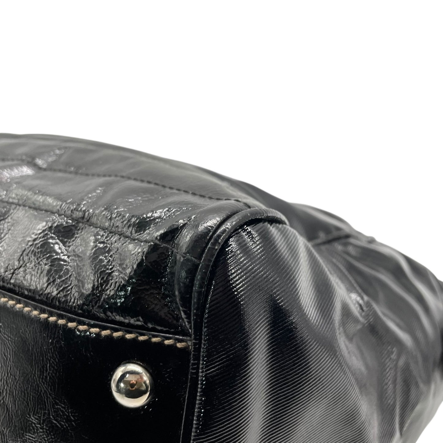 美品 グッチ GUCCI ハンドバッグ ショルダーバッグ ブラック 黒 2way パテントレザー インターロッキングG GGロゴ 手提げ 斜め掛け可 シルバー金具 レディース B2