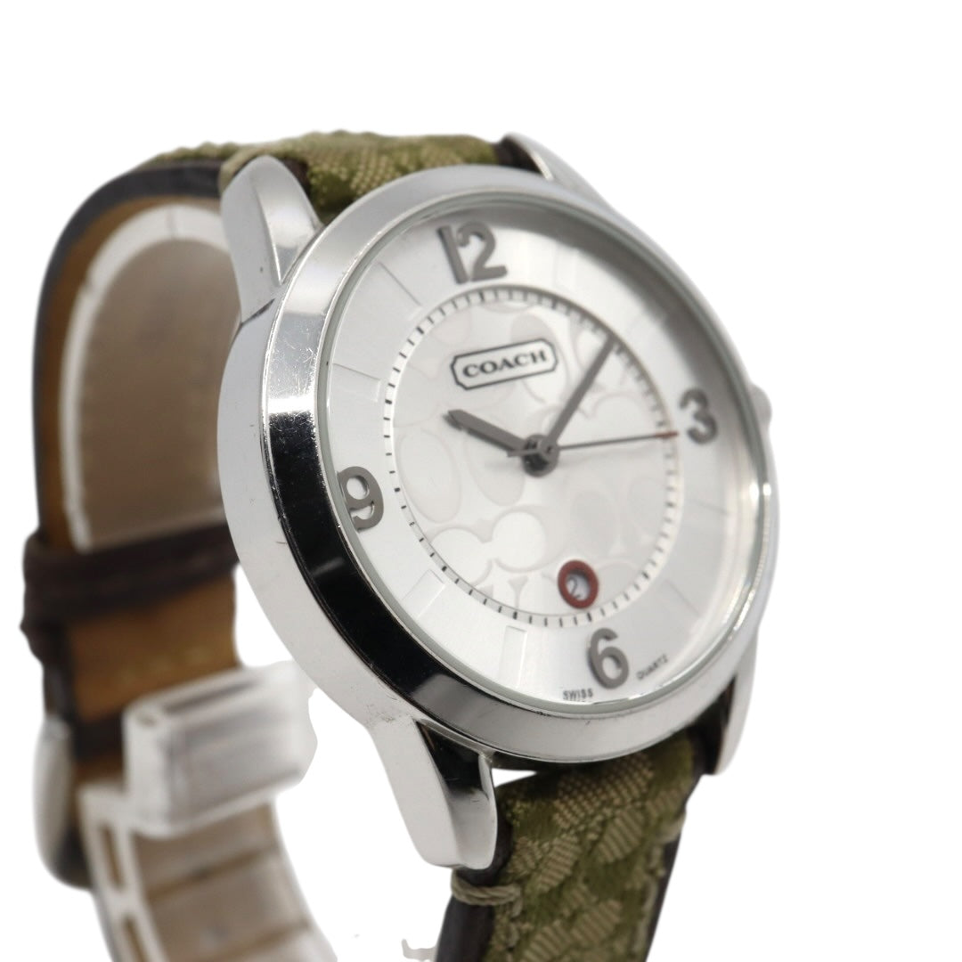 【電池交換済／クリーニング済】コーチ COACH 腕時計 8.180.158 レディースウォッチ クォーツ シルバー文字盤 シグネチャー キャンバスベルト グリーン系 デイトカレンダー アナログ クラシック カジュアル 稼働品 G3