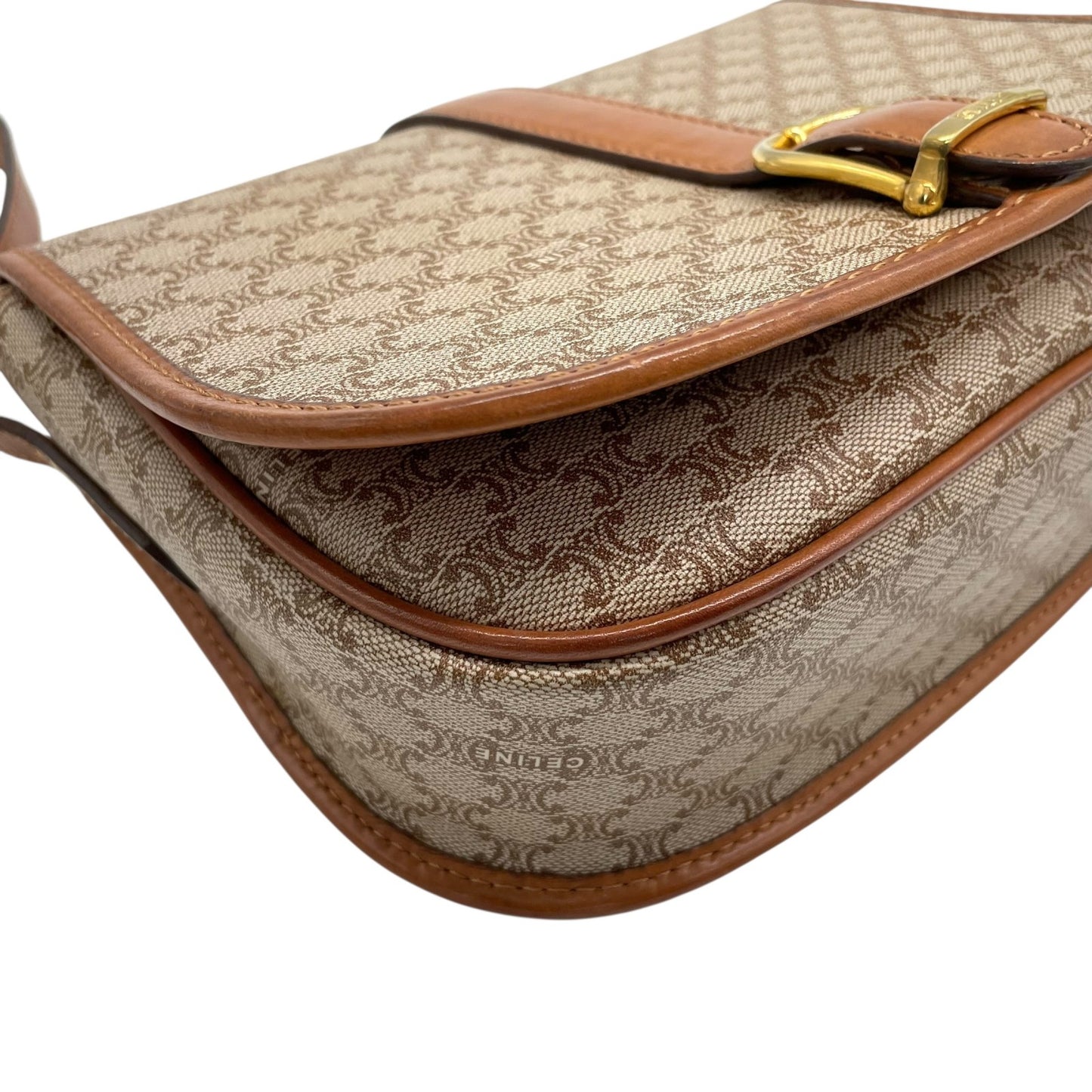 美品 CELINE オールドセリーヌ マカダム柄 トリオンフ ショルダーバッグ PVC レザー ベージュ ブラウン ゴールド金具 斜め掛け可 フラップ開閉 ヴィンテージ レディース K11