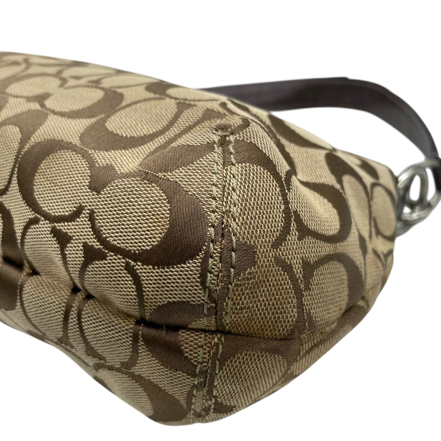 COACH コーチ ソーホー シグネチャー ワンショルダーバッグ 茶 ブラウン ベージュ キャンバス パテントレザー シルバー金具 フラップ ベルト ホーボー 肩掛け可 レディース S6