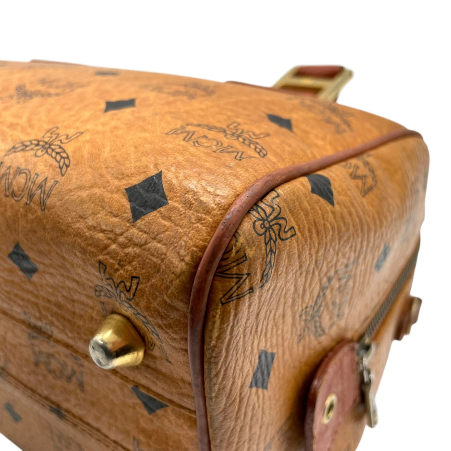 エムシーエム MCM ヴィセトス 2WAY ハンドバッグ ミニボストンバッグ ショルダーバッグ 茶 ブラウン コニャック レザー ゴールド金具 斜め掛け可 レディース D