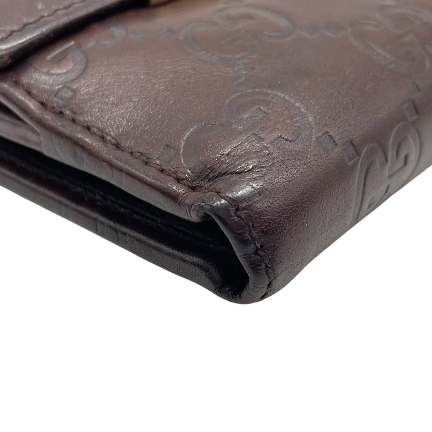 GUCCI グッチ グッチシマ 二つ折り財布 コンパクトウォレット GG柄 型押し レザー ブラウン ゴールド金具 プレートロゴ ヴィンテージ レディース M2