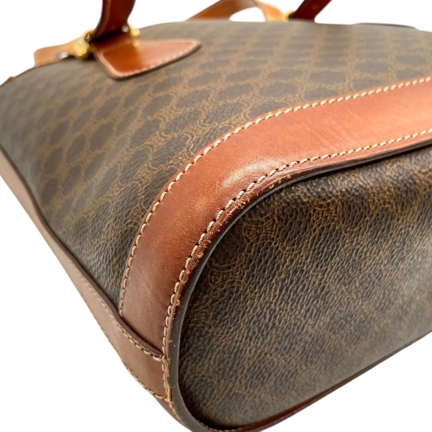 CELINE セリーヌ ヴィンテージ マカダム トートバッグ PVC レザー ブラウン トリオンフ 金具 90s イタリア製 ショルダー可 オールドセリーヌ K9