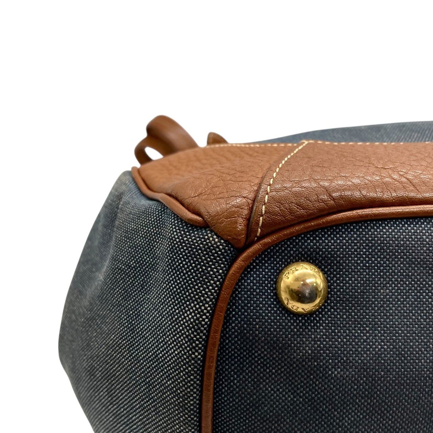 美品 PRADA プラダ ロゴ ジャガード トートバッグ ショルダー デニム レザー ブルー ブラウン ゴールド金具 D5