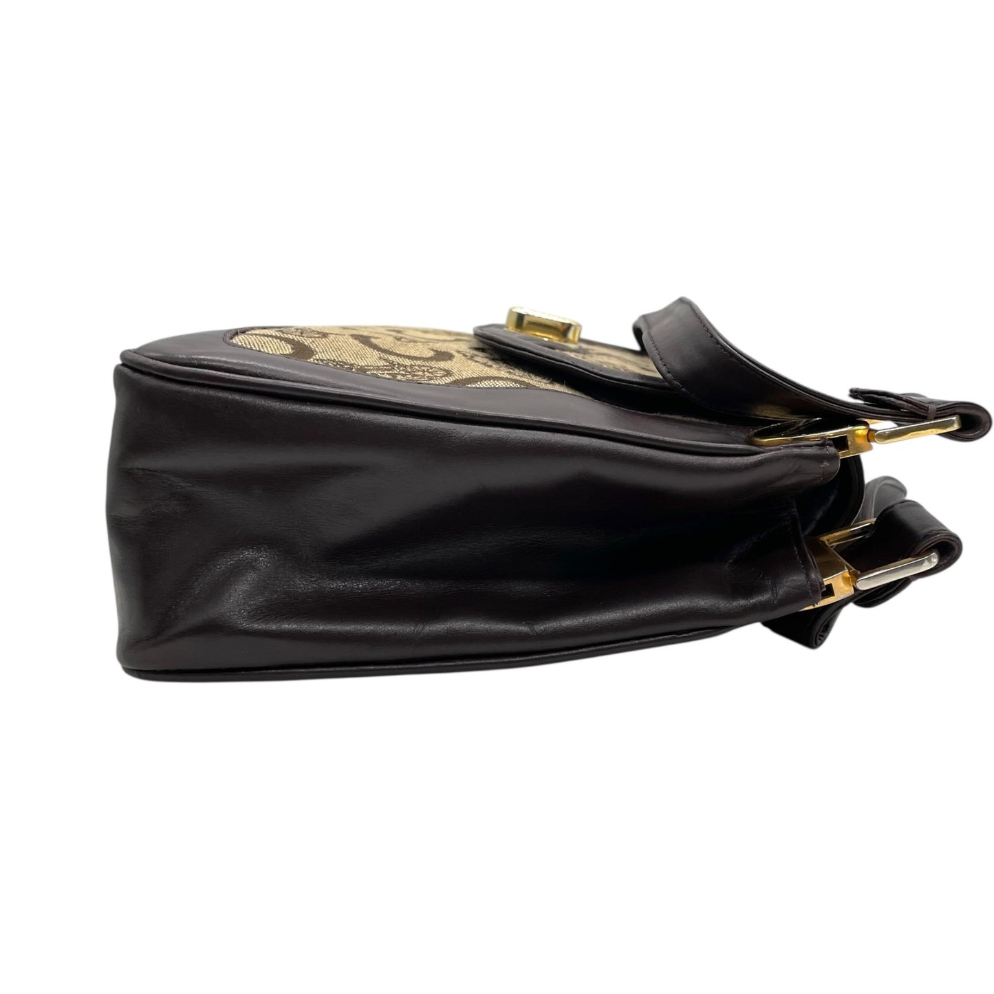 Authentic CELINE C Macadam Turnlock Handbag Canvas Leather Brown Gold Hardware Women