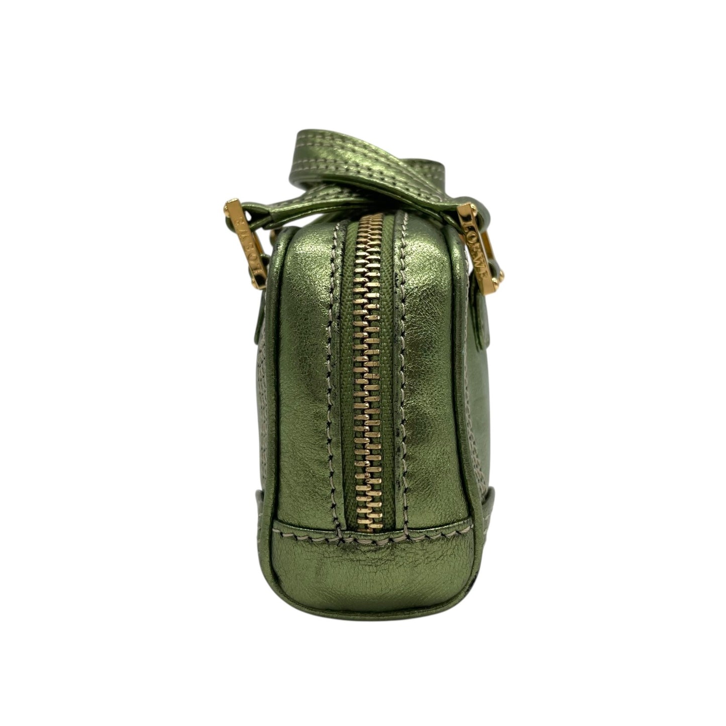 Authentic LOEWE Amazona Micro Mini Shoulder Bag Metallic Green Leather Anagram Logo Crossbody Gold Hardware Vintage Women's