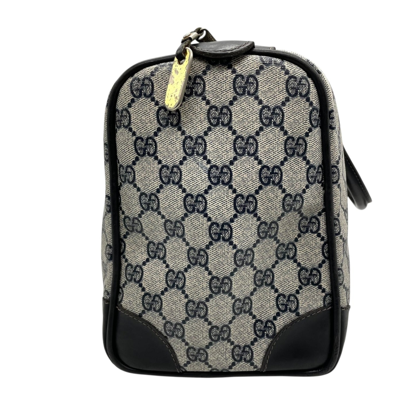 Authentic GUCCI GG Supreme Boston Bag Gray Navy PVC Leather Gold Hardware Vintage Women's Handbag GG Pattern