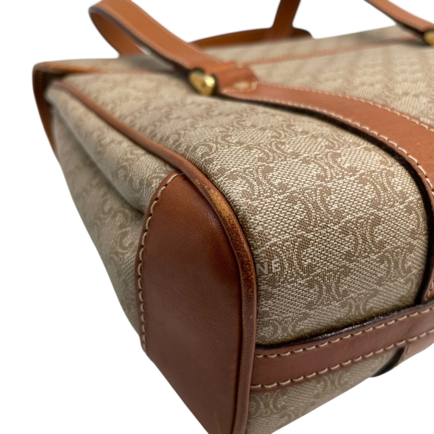 Authentic CELINE Macadam Handbag PVC Leather Vintage Beige Brown M06 Old Celine Gold Hardware Ladies