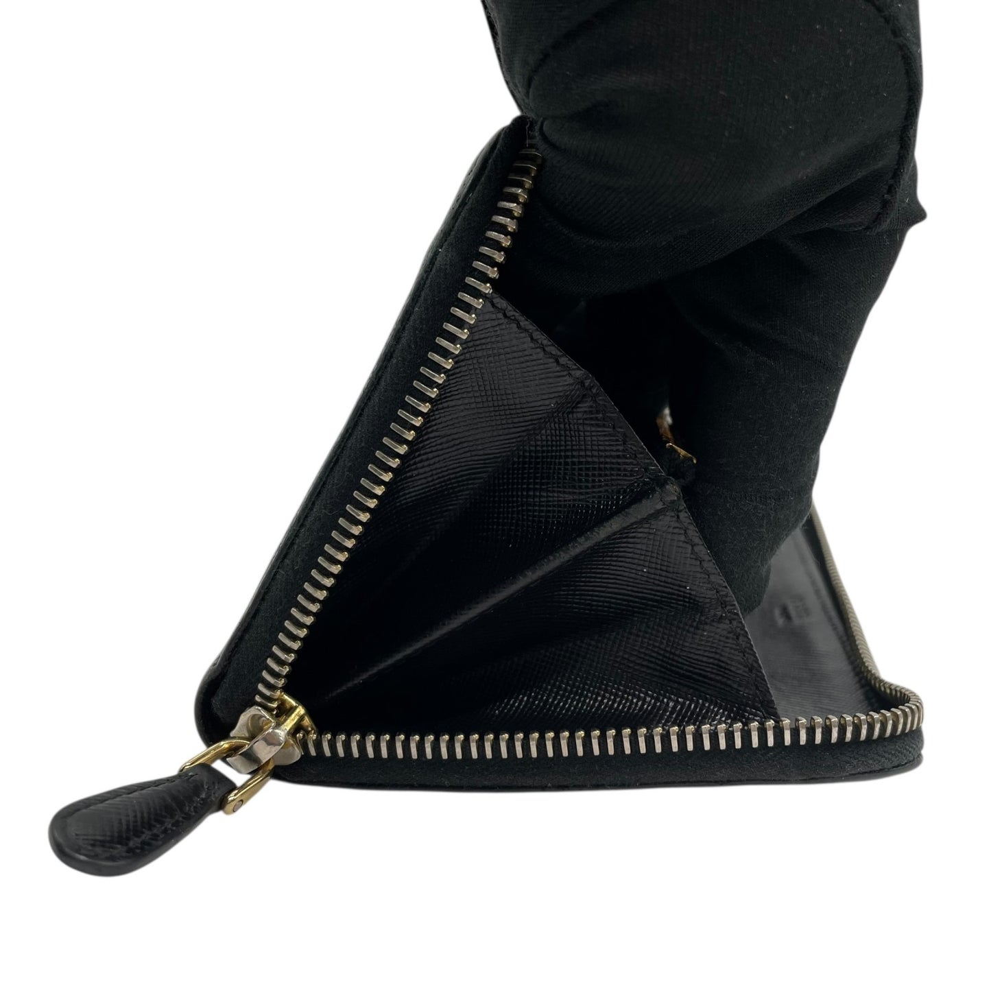 Authentic PRADA Saffiano Leather Long Wallet Black Round Zipper Logo Gold Hardware Women's