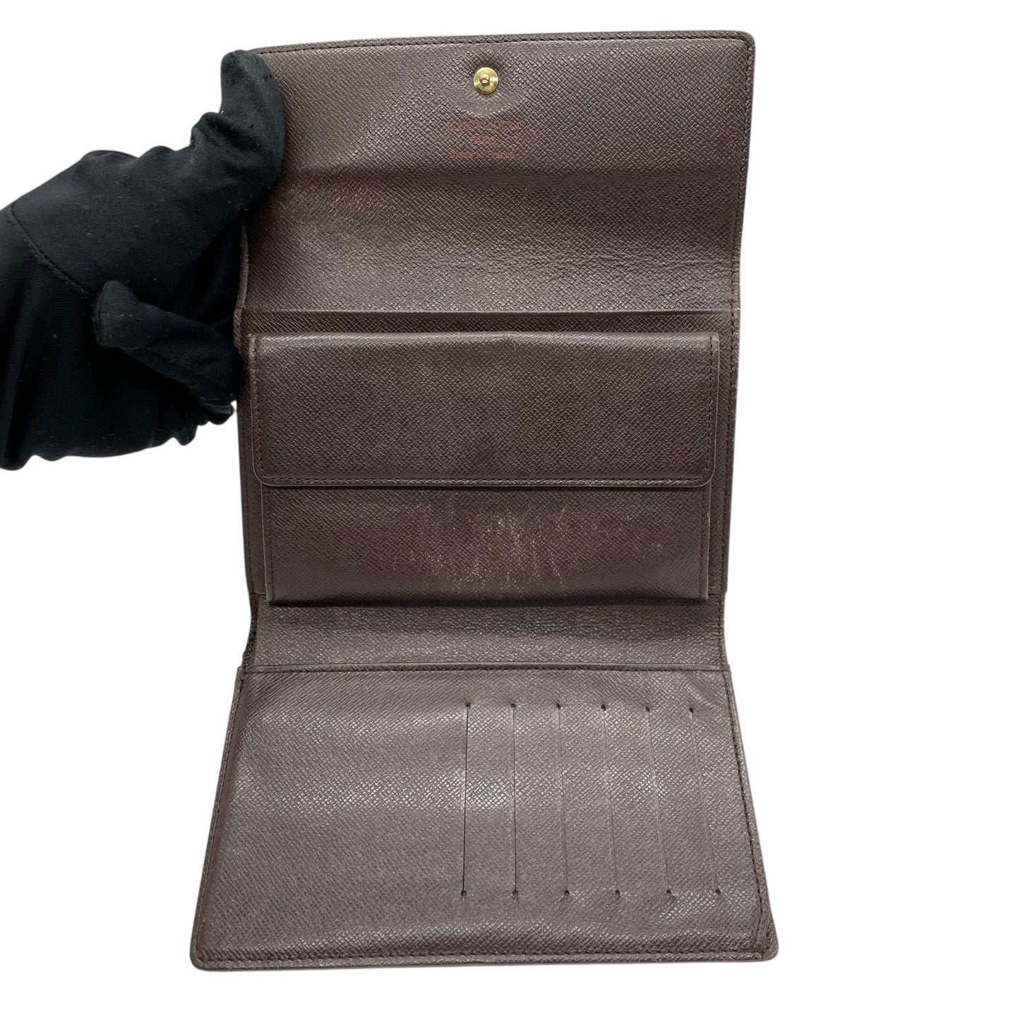 LOUIS VUITTON ルイヴィトン ダミエ エベヌ ポルト トレゾール エテュイ パピエ 三つ折り財布 N61202 茶 ブラウン PVC レザー ゴールド金具 メンズ レディース W3