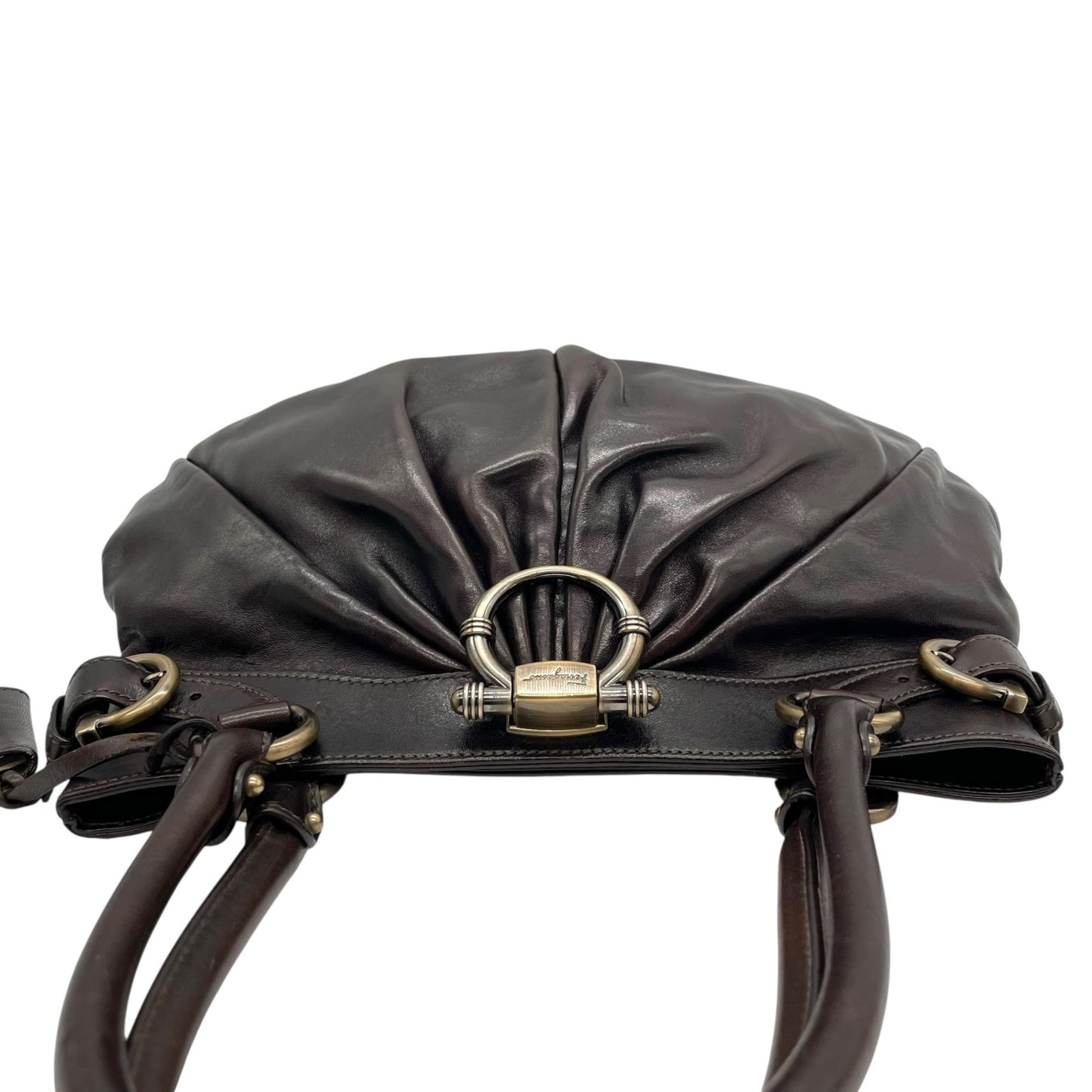 美品 Salvatore Ferragamo フェラガモ ガンチーニ ハンドバッグ レザー 茶 ダークブラウン マリッサ シルバー金具 クロシェット レディース 手提げ K6