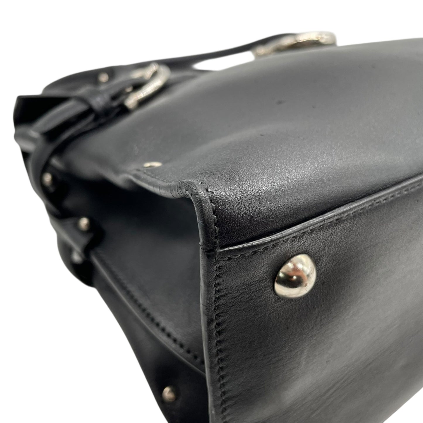 極美品 Salvatore Ferragamo フェラガモ ガンチーニ ハンドバッグ ワンショルダー 黒 ブラック レザー シルバー金具 DY-21 肩掛け可 メンズ レディース E