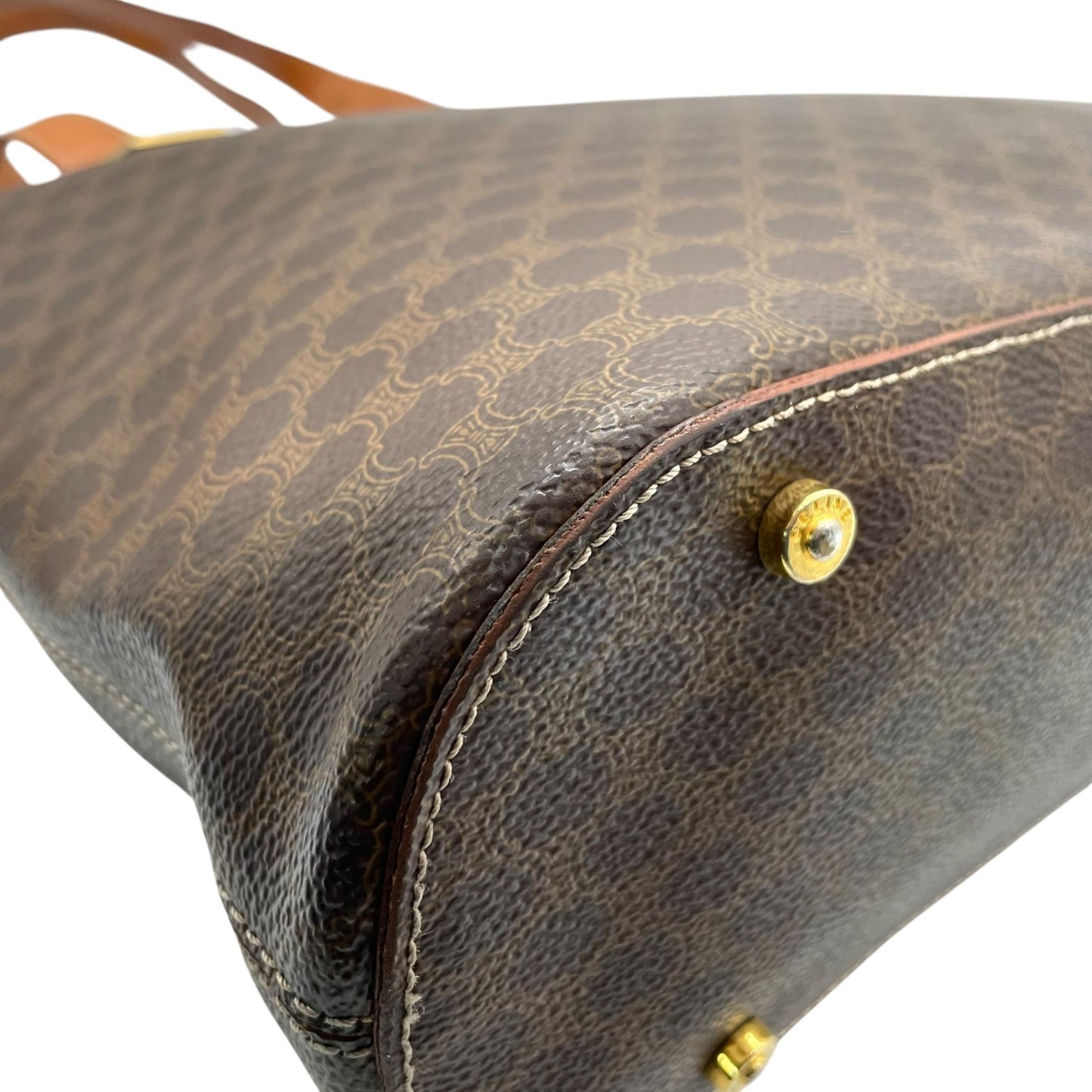 CELINE セリーヌ マカダム トートバッグ 茶 ブラウン PVC レザー ゴールド金具 ワンショルダー 肩掛け可 A4収納 レディース ヴィンテージ D1